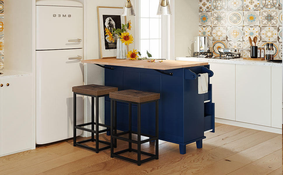 Dining Table | Farmhouse Kitchen Island Set with Drop Leaf and 2 Seatings, Dining Table Set with Storage Cabinet, Drawers and Towel Rack, Blue+Black+Brown | casafoyer.myshopify.com