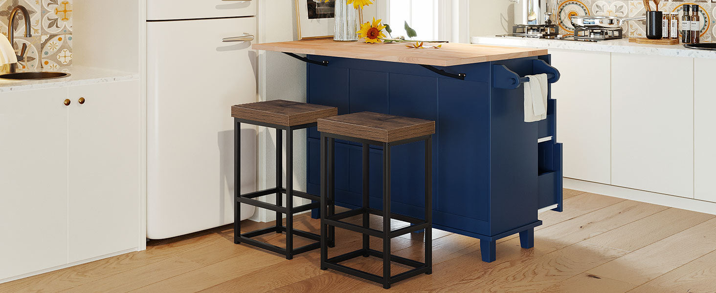 Dining Table | Farmhouse Kitchen Island Set with Drop Leaf and 2 Seatings, Dining Table Set with Storage Cabinet, Drawers and Towel Rack, Blue+Black+Brown | casafoyer.myshopify.com