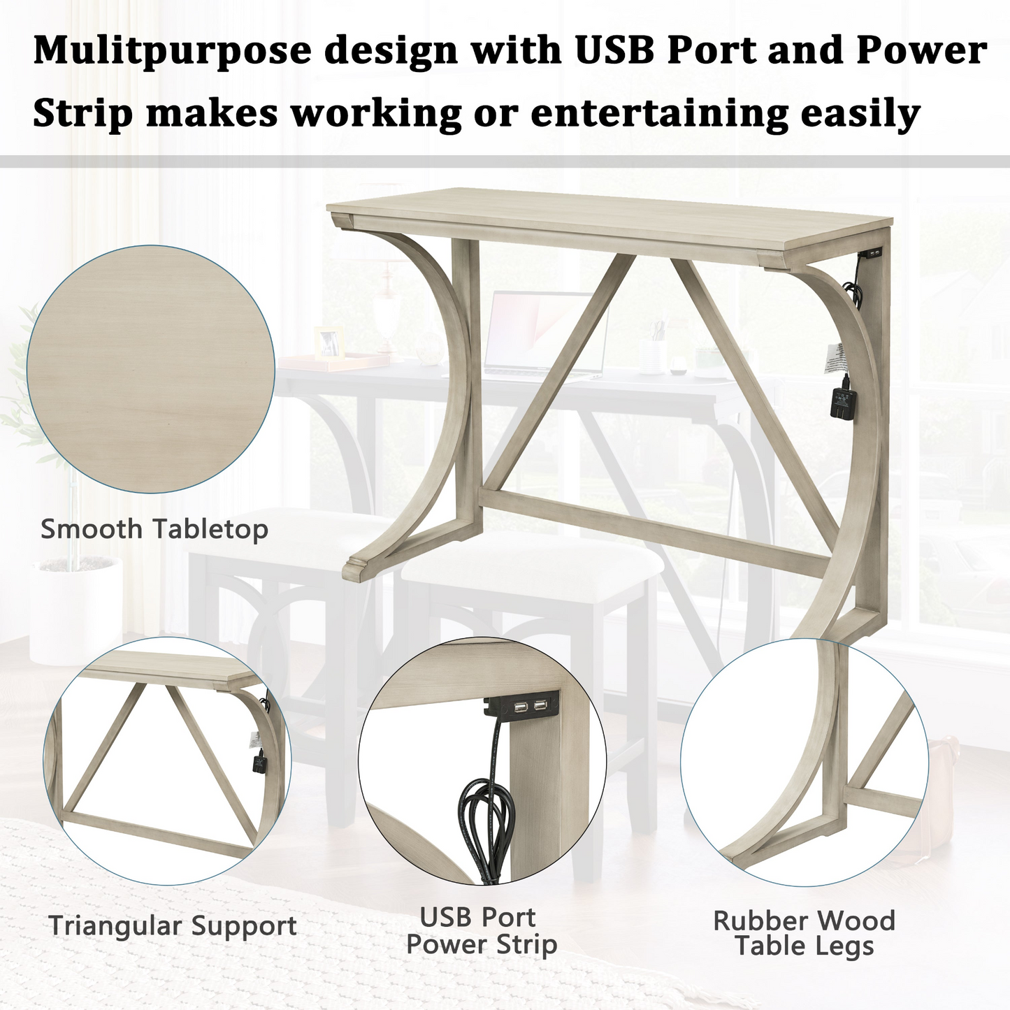 Dining Table | Farmhouse 3-Piece Counter Height Dining Table Set with USB Port and Upholstered Stools,Cream | casafoyer.myshopify.com