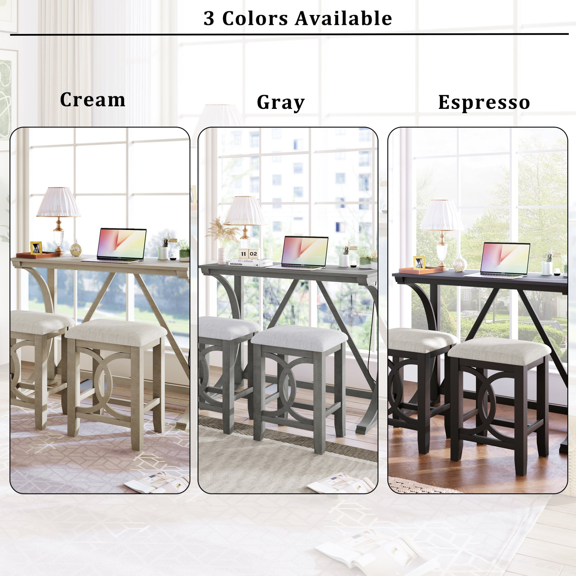 Dining Table | Farmhouse 3-Piece Counter Height Dining Table Set with USB Port and Upholstered Stools,Cream | casafoyer.myshopify.com