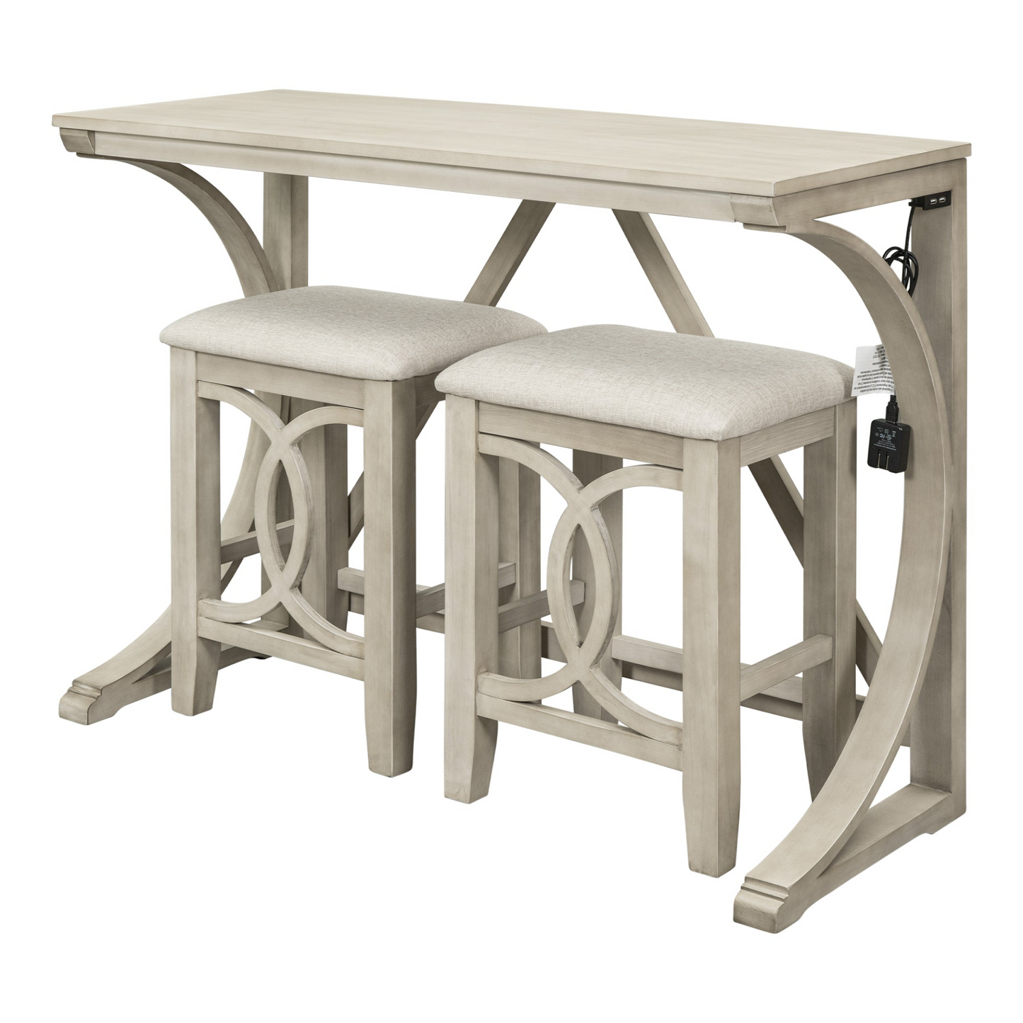 Dining Table | Farmhouse 3-Piece Counter Height Dining Table Set with USB Port and Upholstered Stools,Cream | casafoyer.myshopify.com