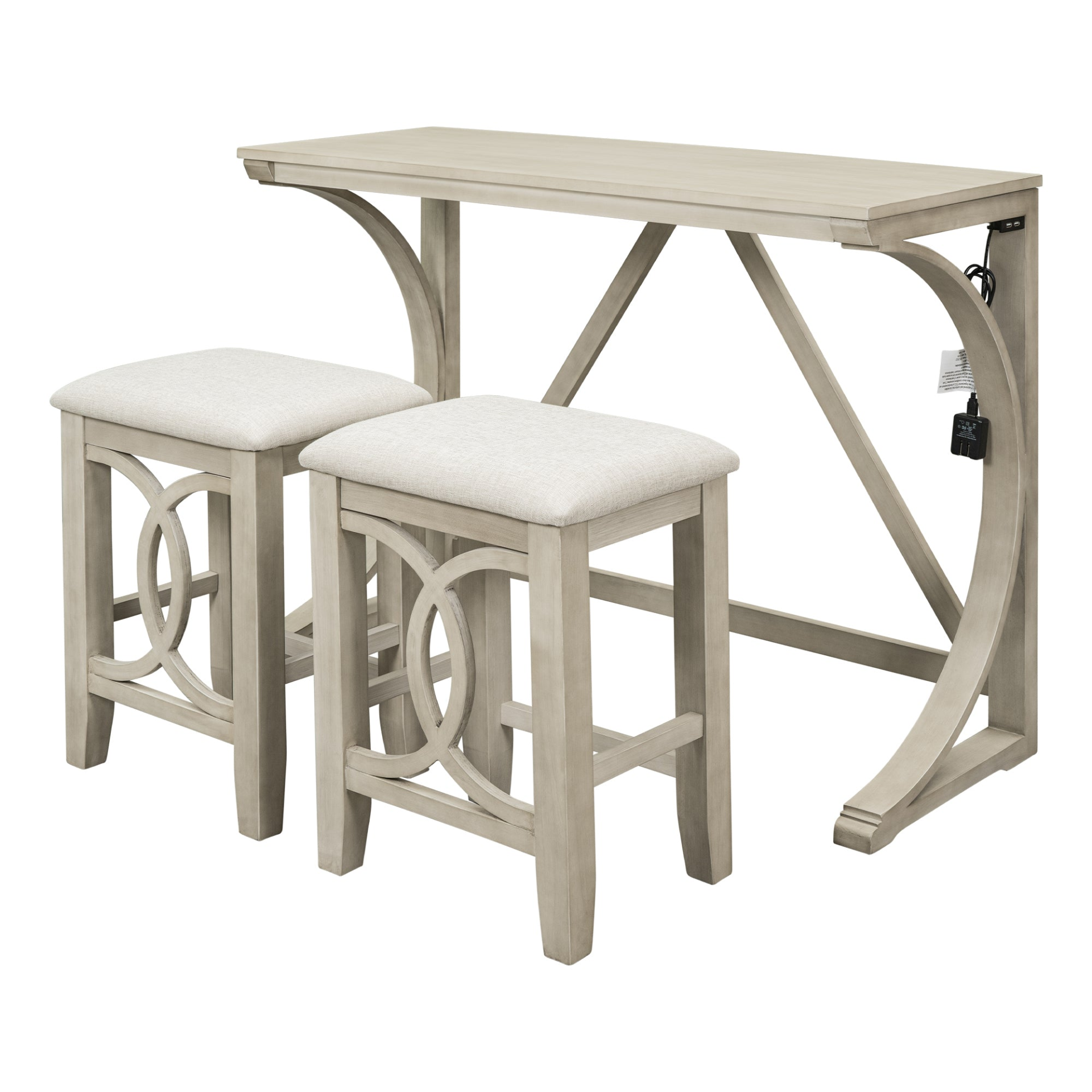 Dining Table | Farmhouse 3-Piece Counter Height Dining Table Set with USB Port and Upholstered Stools,Cream | casafoyer.myshopify.com