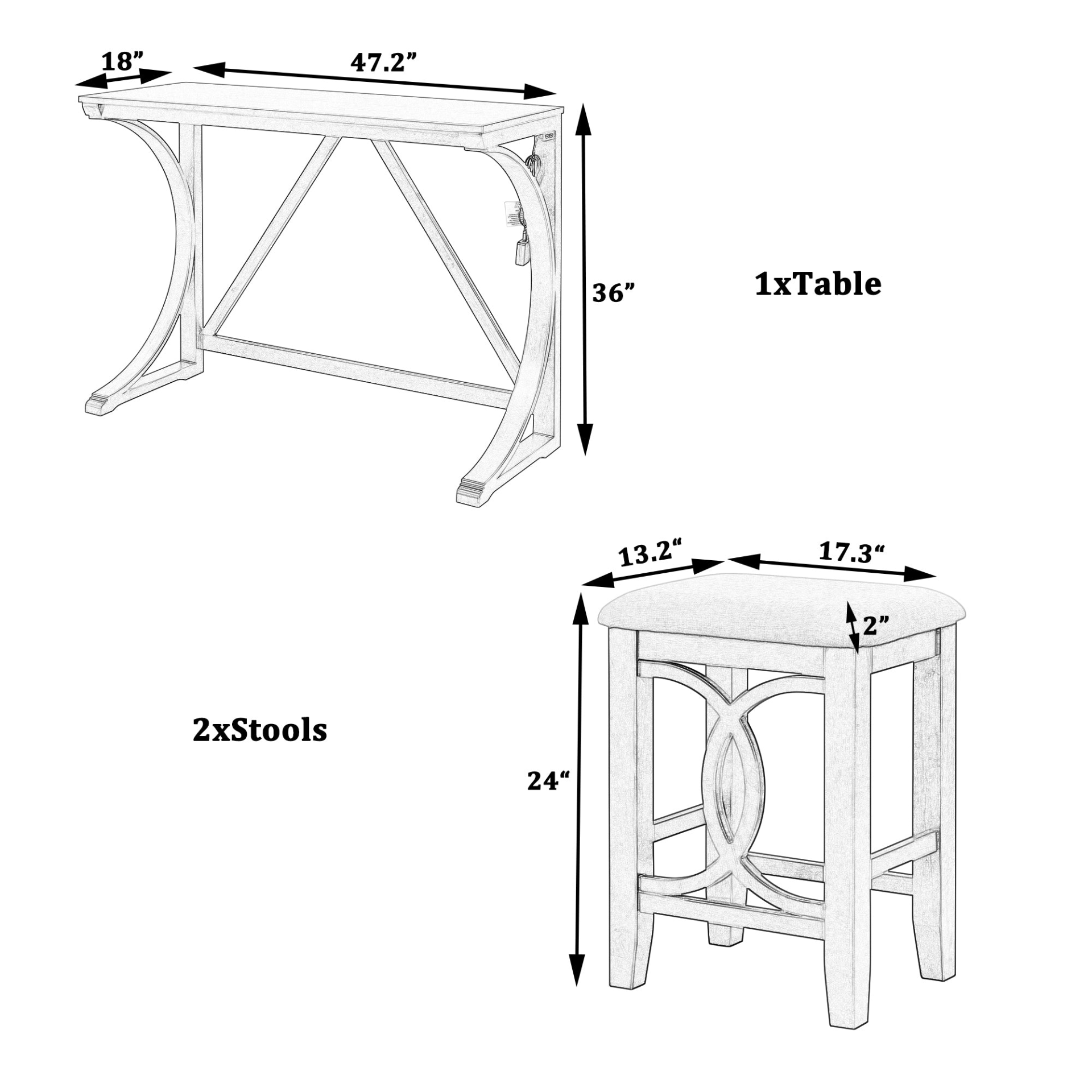 Dining Table | Farmhouse 3-Piece Counter Height Dining Table Set with USB Port and Upholstered Stools,Cream | casafoyer.myshopify.com