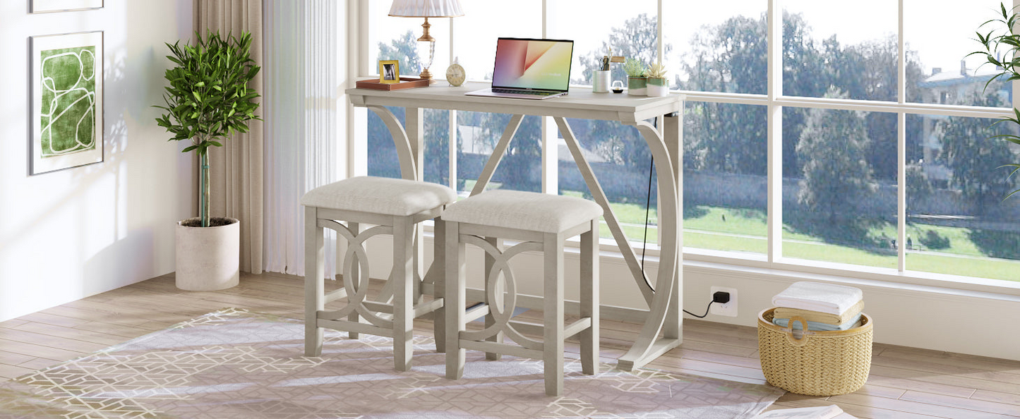 Dining Table | Farmhouse 3-Piece Counter Height Dining Table Set with USB Port and Upholstered Stools,Cream | casafoyer.myshopify.com