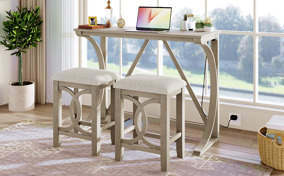 Dining Table | Farmhouse 3-Piece Counter Height Dining Table Set with USB Port and Upholstered Stools,Cream | casafoyer.myshopify.com