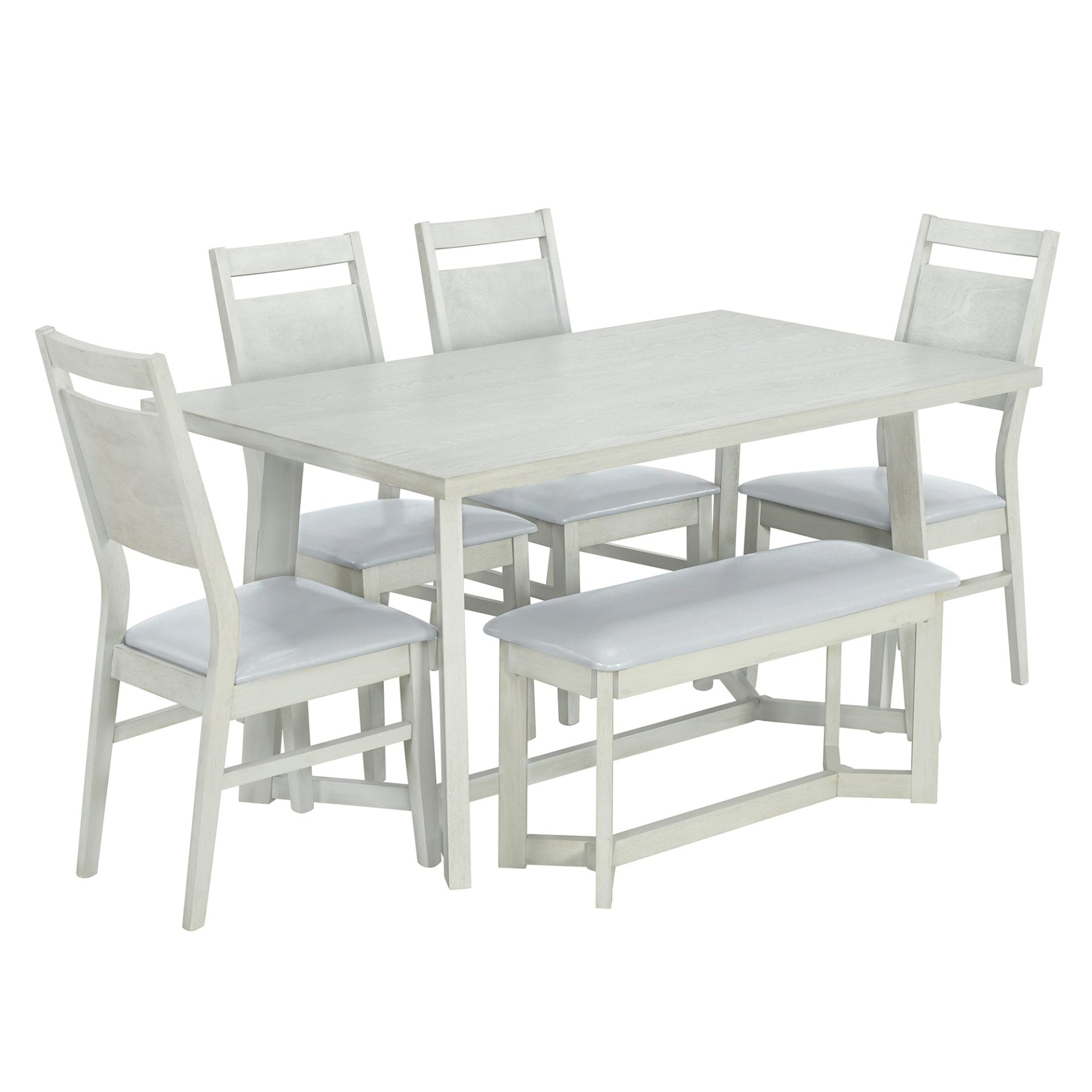 Dining Table | Farmhouse 6-Piece Wood Dining Table Set with 4 Upholstered Chairs and Bench, Gray | casafoyer.myshopify.com