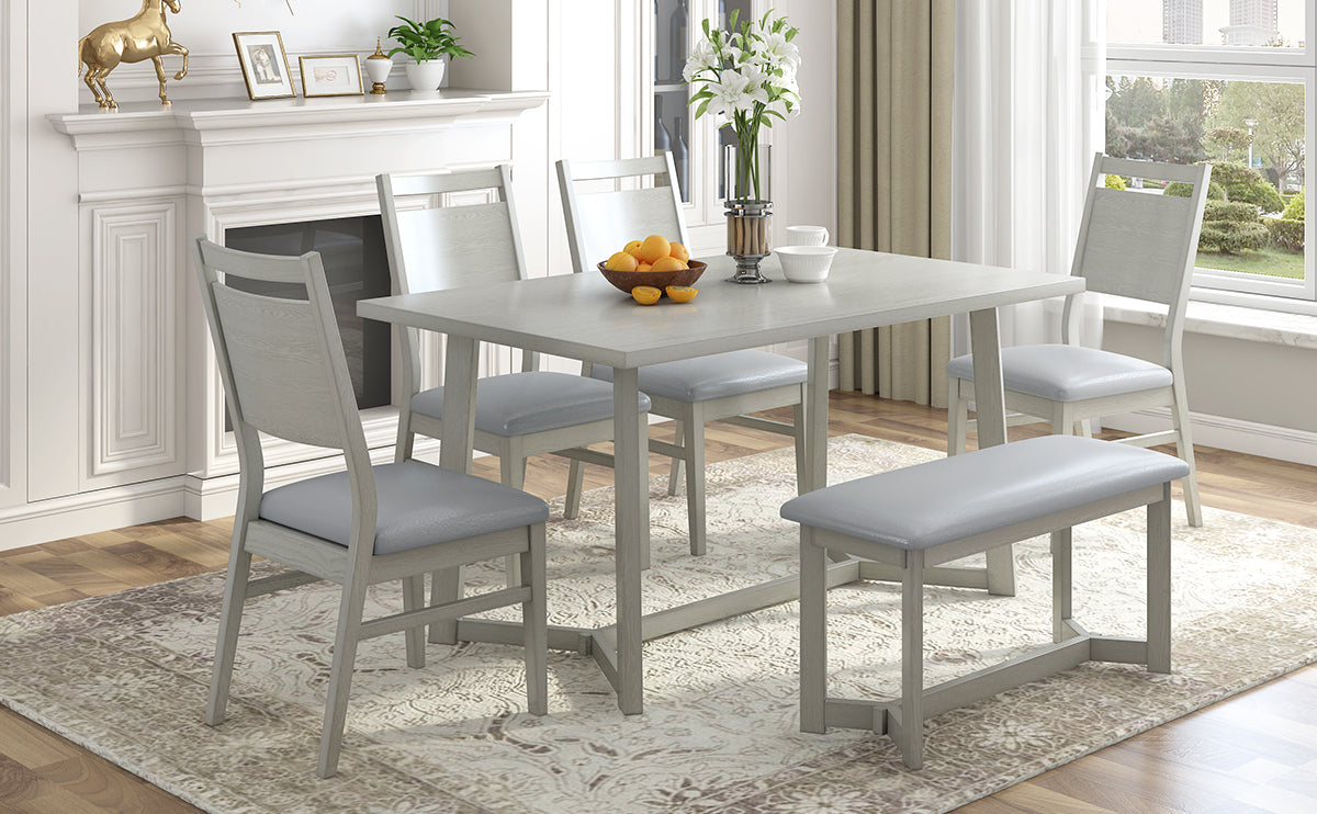 Dining Table | Farmhouse 6-Piece Wood Dining Table Set with 4 Upholstered Chairs and Bench, Gray | casafoyer.myshopify.com