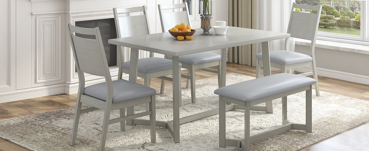 Dining Table | Farmhouse 6-Piece Wood Dining Table Set with 4 Upholstered Chairs and Bench, Gray | casafoyer.myshopify.com