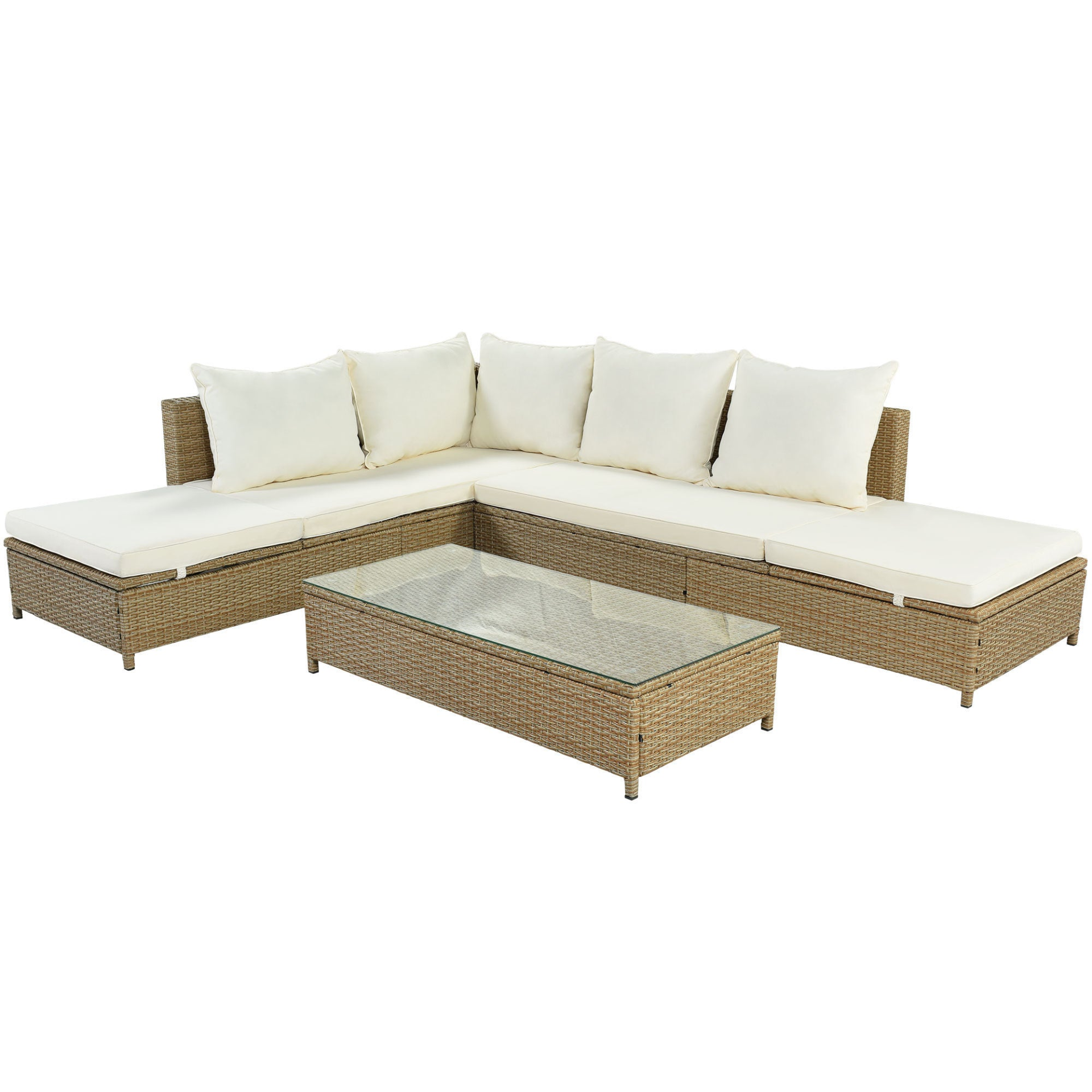 Sofa & Chair sets | Patio 3-Piece Rattan Sofa Set All Weather PE Wicker Sectional Set with Adjustable Chaise Lounge Frame and Tempered Glass Table, Natural Brown+ Beige Cushion | casafoyer.myshopify.com