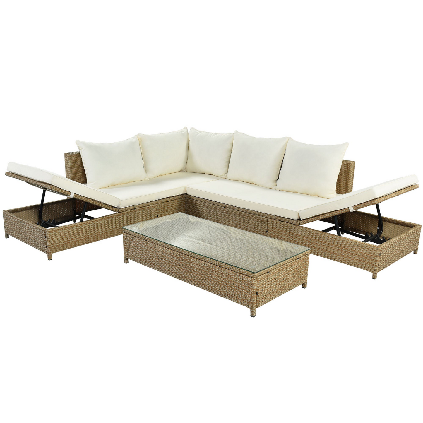 Sofa & Chair sets | Patio 3-Piece Rattan Sofa Set All Weather PE Wicker Sectional Set with Adjustable Chaise Lounge Frame and Tempered Glass Table, Natural Brown+ Beige Cushion | casafoyer.myshopify.com