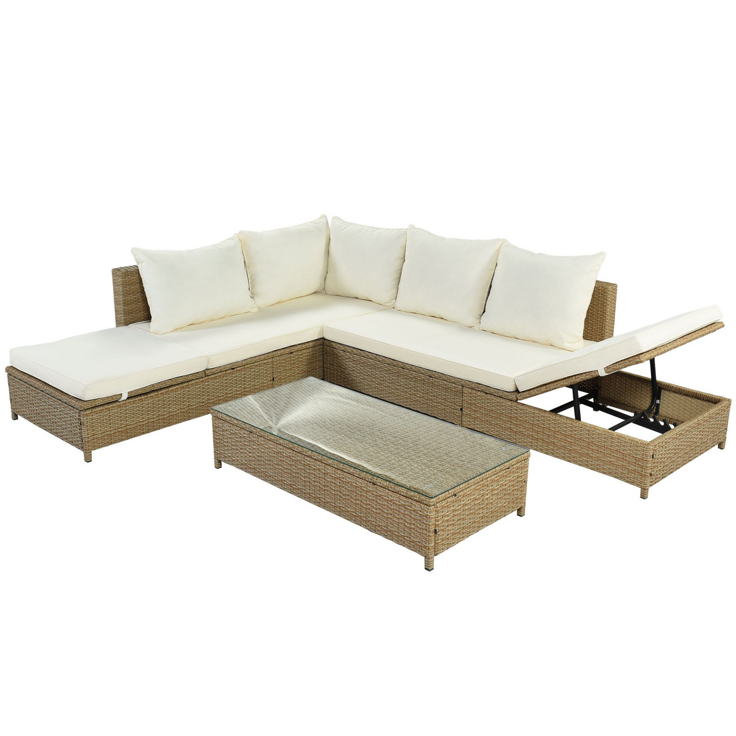 Sofa & Chair sets | Patio 3-Piece Rattan Sofa Set All Weather PE Wicker Sectional Set with Adjustable Chaise Lounge Frame and Tempered Glass Table, Natural Brown+ Beige Cushion | casafoyer.myshopify.com