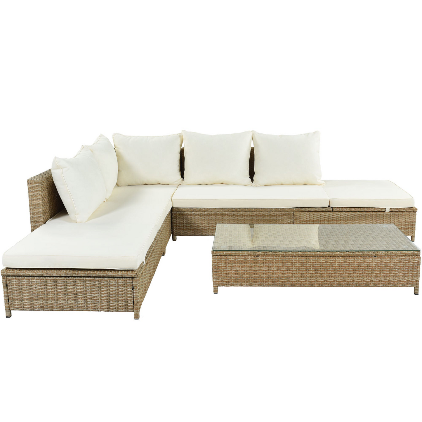 Sofa & Chair sets | Patio 3-Piece Rattan Sofa Set All Weather PE Wicker Sectional Set with Adjustable Chaise Lounge Frame and Tempered Glass Table, Natural Brown+ Beige Cushion | casafoyer.myshopify.com