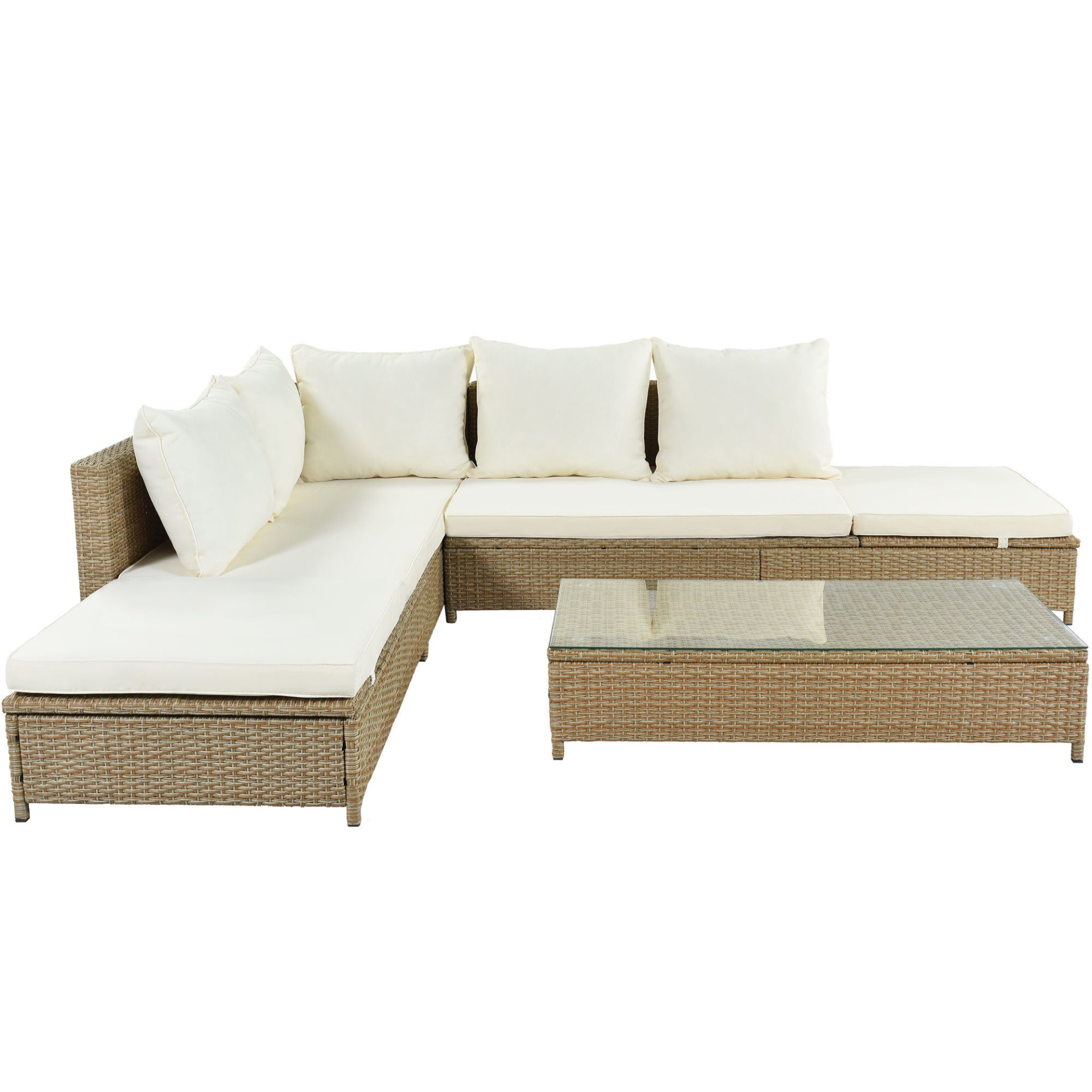 Sofa & Chair sets | Patio 3-Piece Rattan Sofa Set All Weather PE Wicker Sectional Set with Adjustable Chaise Lounge Frame and Tempered Glass Table, Natural Brown+ Beige Cushion | casafoyer.myshopify.com