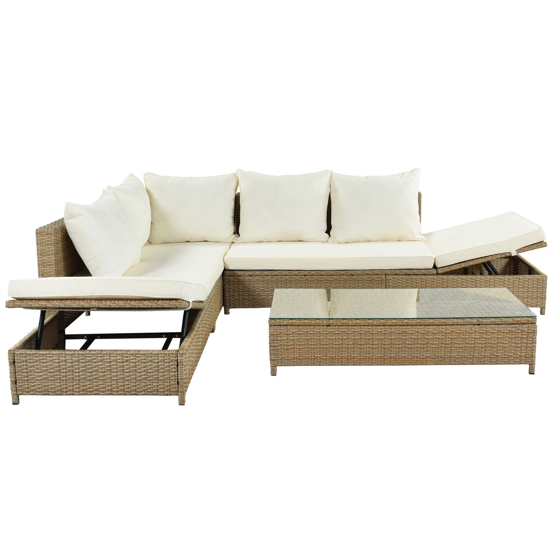 Sofa & Chair sets | Patio 3-Piece Rattan Sofa Set All Weather PE Wicker Sectional Set with Adjustable Chaise Lounge Frame and Tempered Glass Table, Natural Brown+ Beige Cushion | casafoyer.myshopify.com