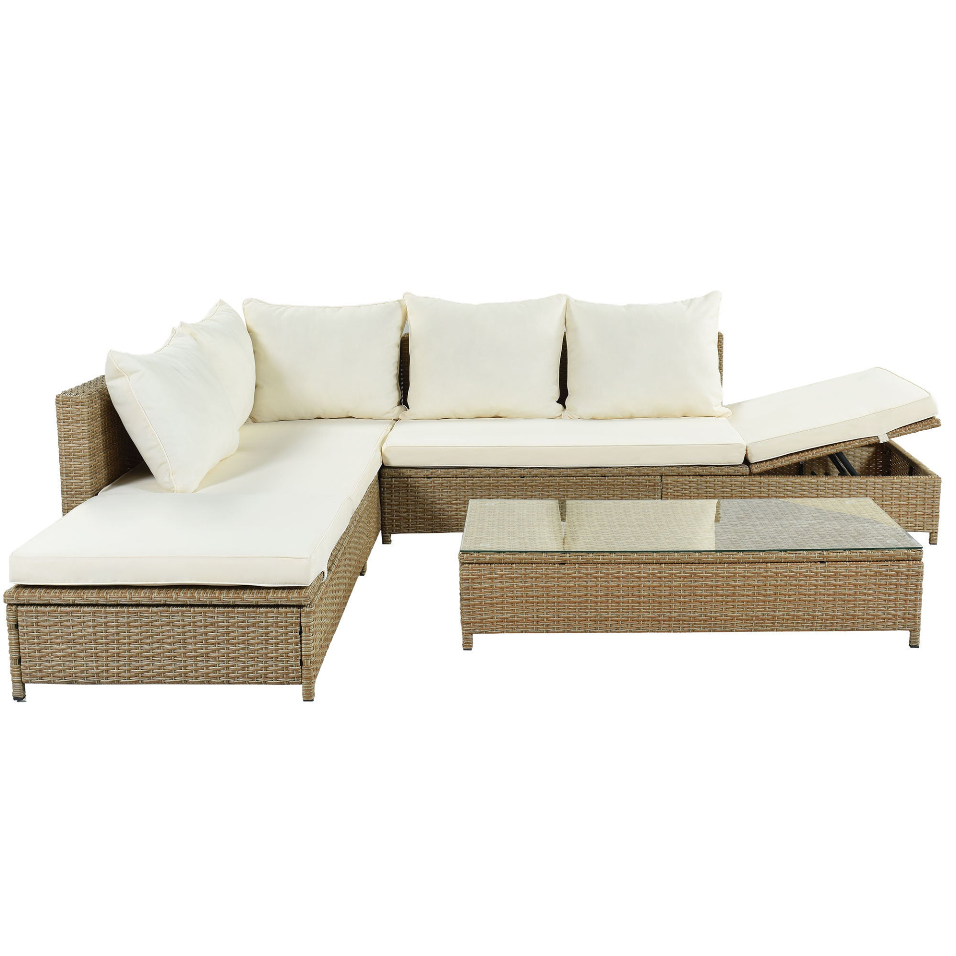 Sofa & Chair sets | Patio 3-Piece Rattan Sofa Set All Weather PE Wicker Sectional Set with Adjustable Chaise Lounge Frame and Tempered Glass Table, Natural Brown+ Beige Cushion | casafoyer.myshopify.com