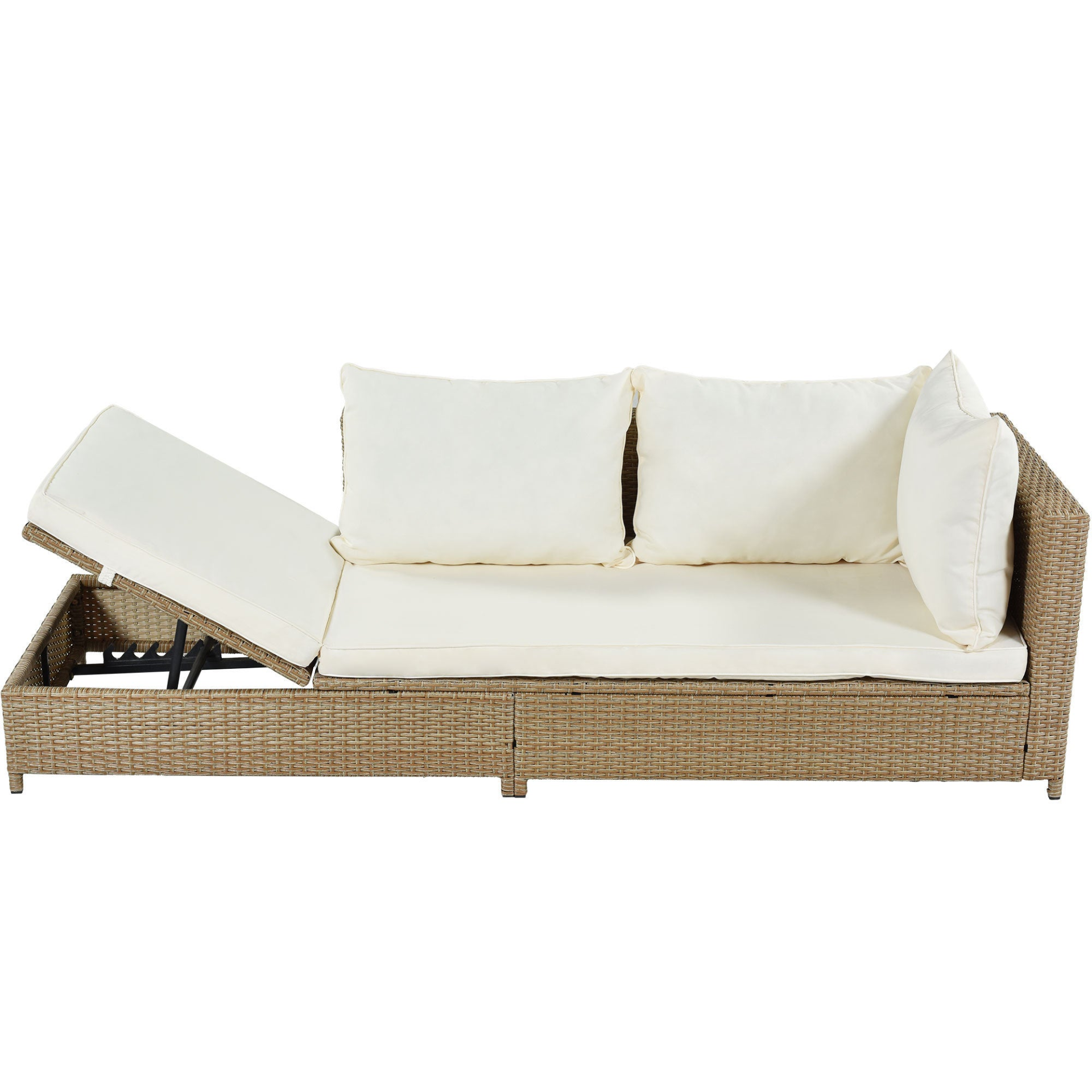 Sofa & Chair sets | Patio 3-Piece Rattan Sofa Set All Weather PE Wicker Sectional Set with Adjustable Chaise Lounge Frame and Tempered Glass Table, Natural Brown+ Beige Cushion | casafoyer.myshopify.com