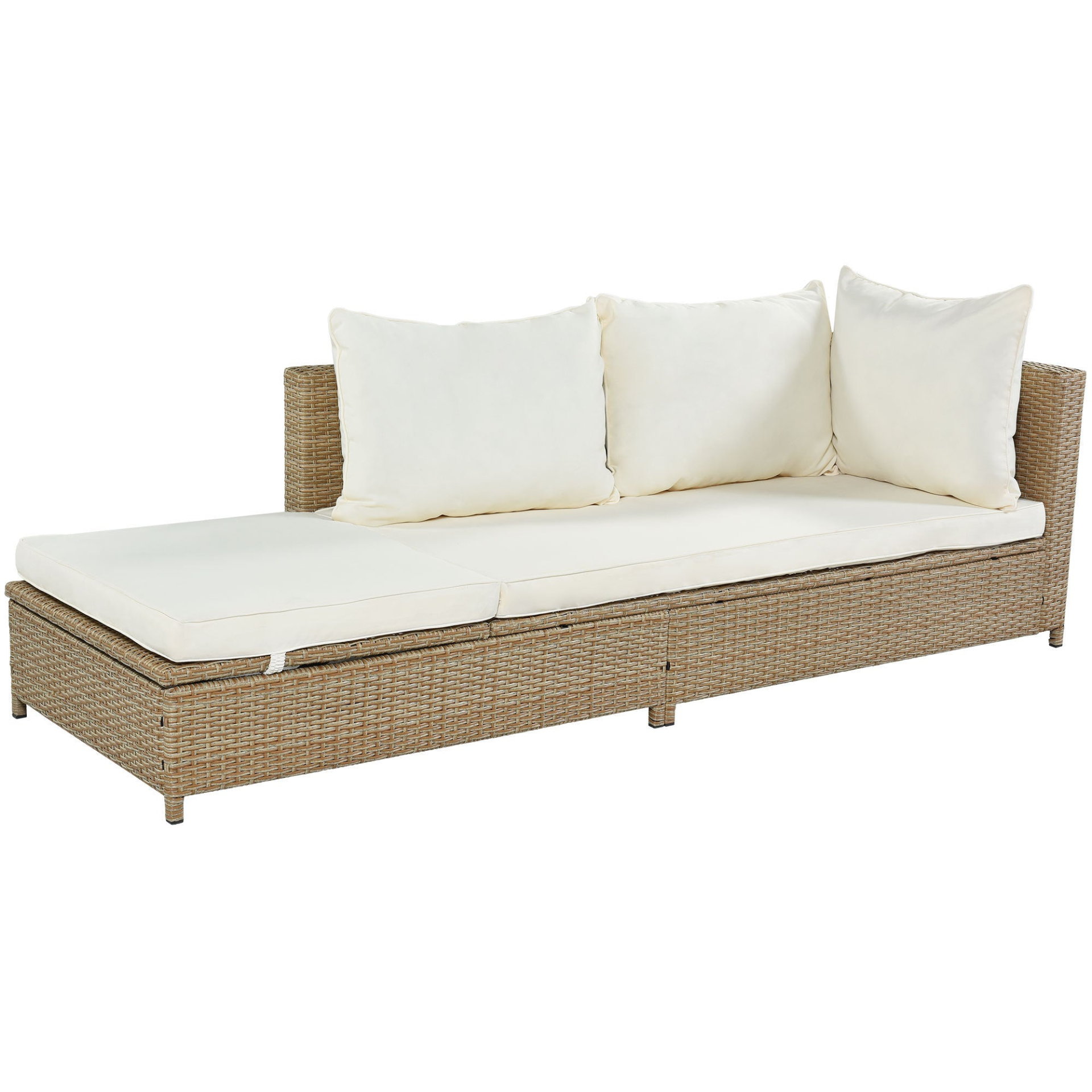 Sofa & Chair sets | Patio 3-Piece Rattan Sofa Set All Weather PE Wicker Sectional Set with Adjustable Chaise Lounge Frame and Tempered Glass Table, Natural Brown+ Beige Cushion | casafoyer.myshopify.com