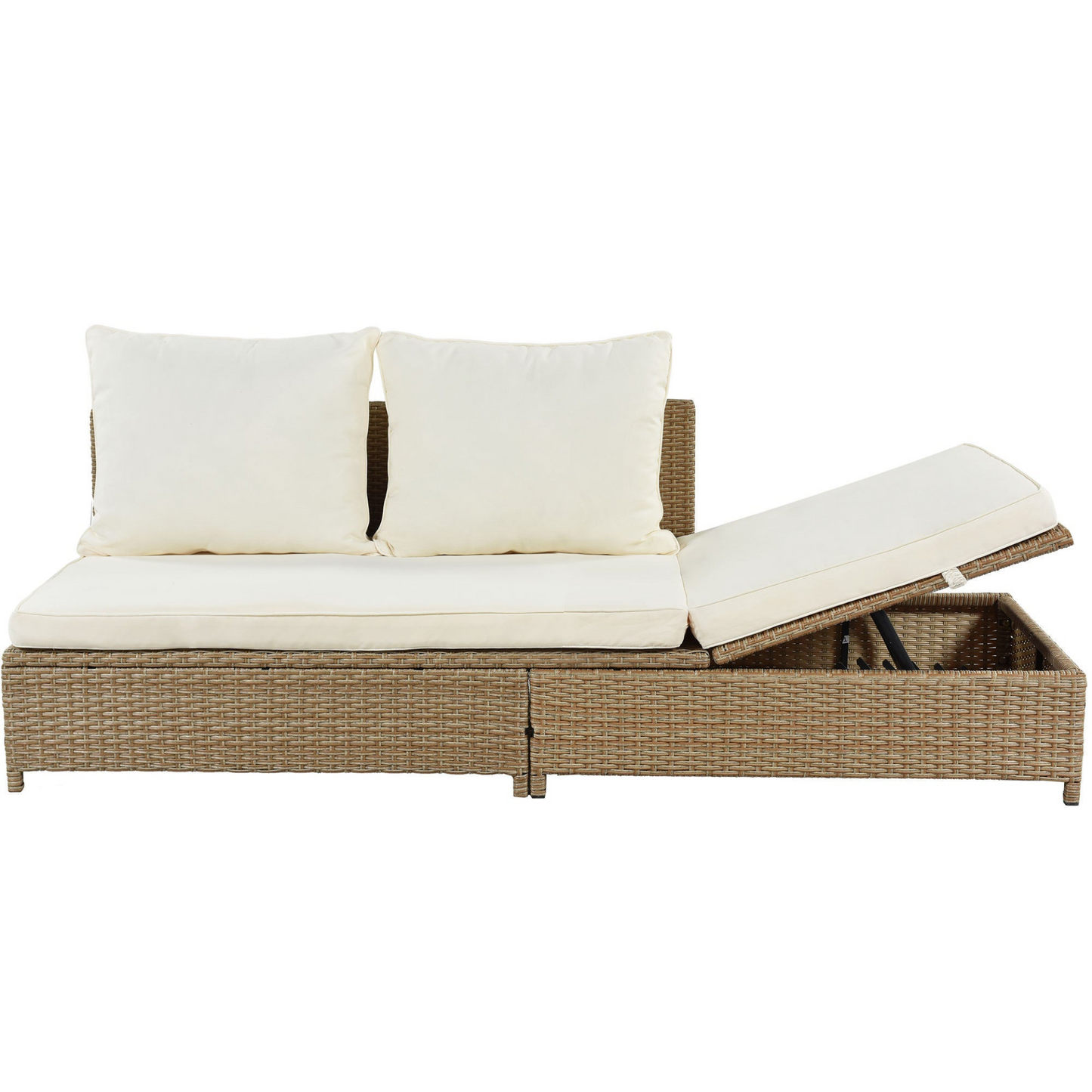 Sofa & Chair sets | Patio 3-Piece Rattan Sofa Set All Weather PE Wicker Sectional Set with Adjustable Chaise Lounge Frame and Tempered Glass Table, Natural Brown+ Beige Cushion | casafoyer.myshopify.com