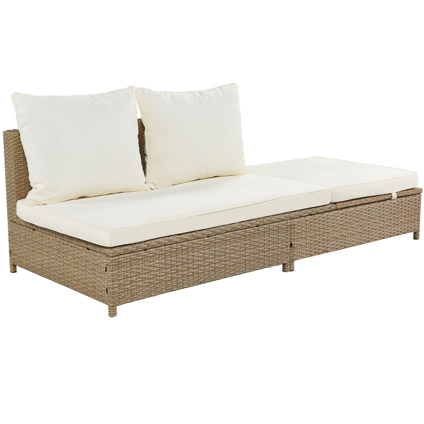 Sofa & Chair sets | Patio 3-Piece Rattan Sofa Set All Weather PE Wicker Sectional Set with Adjustable Chaise Lounge Frame and Tempered Glass Table, Natural Brown+ Beige Cushion | casafoyer.myshopify.com