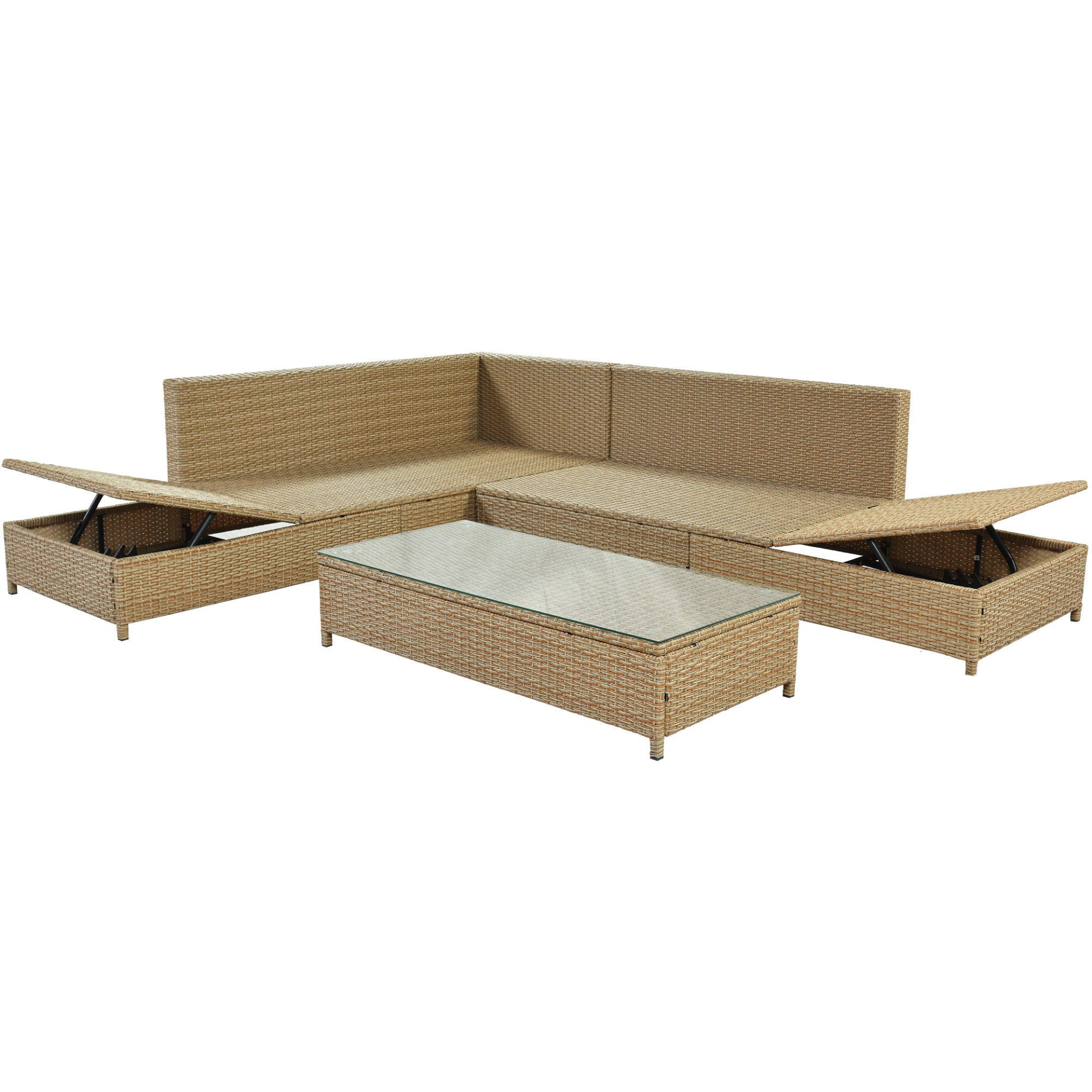 Sofa & Chair sets | Patio 3-Piece Rattan Sofa Set All Weather PE Wicker Sectional Set with Adjustable Chaise Lounge Frame and Tempered Glass Table, Natural Brown+ Beige Cushion | casafoyer.myshopify.com