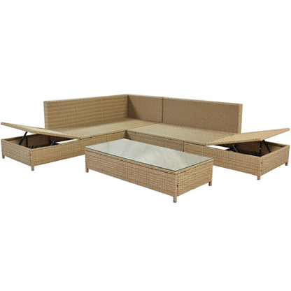 Sofa & Chair sets | Patio 3-Piece Rattan Sofa Set All Weather PE Wicker Sectional Set with Adjustable Chaise Lounge Frame and Tempered Glass Table, Natural Brown+ Beige Cushion | casafoyer.myshopify.com