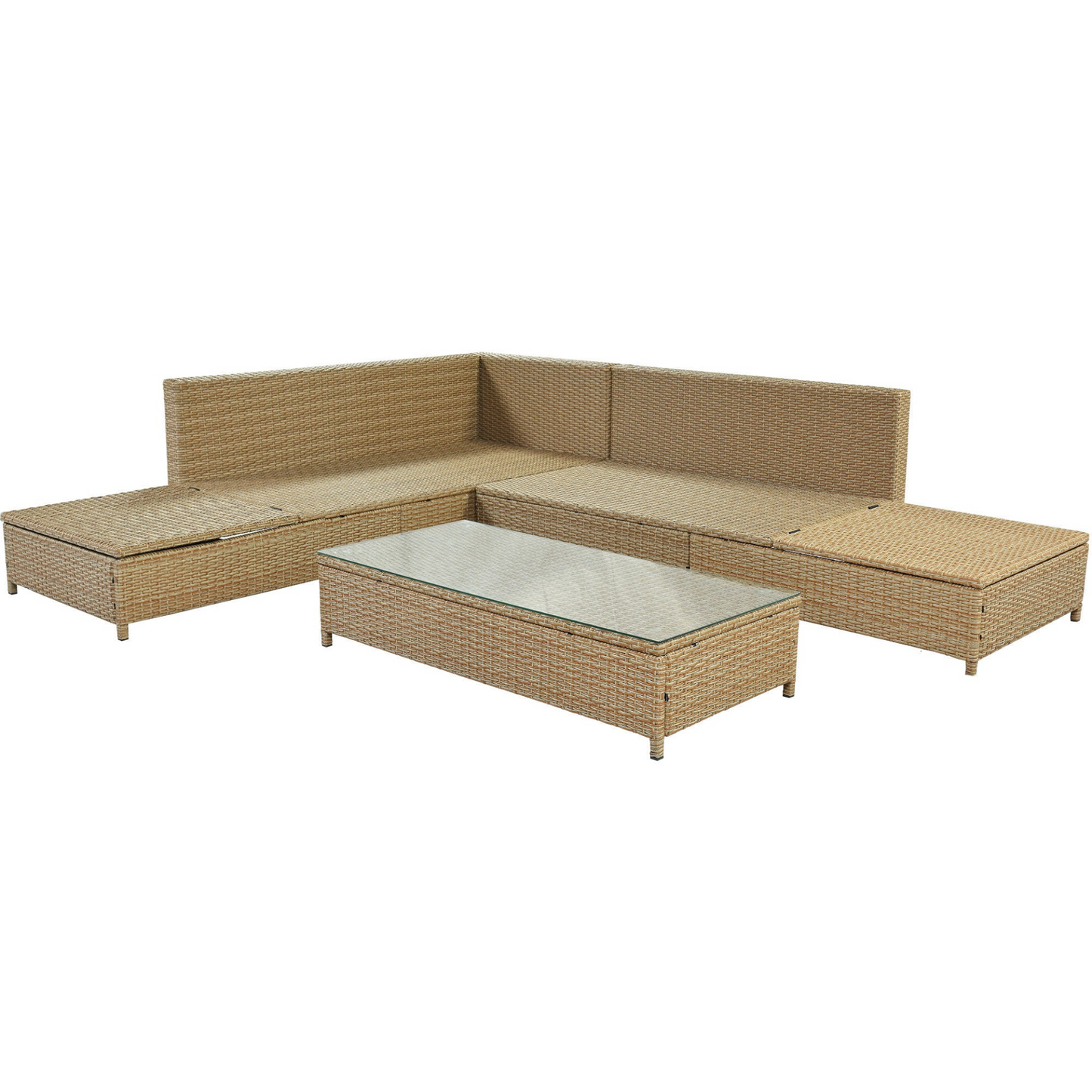 Sofa & Chair sets | Patio 3-Piece Rattan Sofa Set All Weather PE Wicker Sectional Set with Adjustable Chaise Lounge Frame and Tempered Glass Table, Natural Brown+ Beige Cushion | casafoyer.myshopify.com