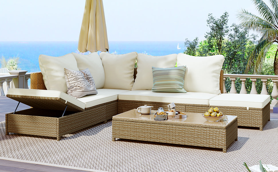 Sofa & Chair sets | Patio 3-Piece Rattan Sofa Set All Weather PE Wicker Sectional Set with Adjustable Chaise Lounge Frame and Tempered Glass Table, Natural Brown+ Beige Cushion | casafoyer.myshopify.com