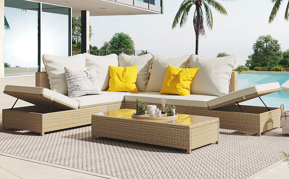 Sofa & Chair sets | Patio 3-Piece Rattan Sofa Set All Weather PE Wicker Sectional Set with Adjustable Chaise Lounge Frame and Tempered Glass Table, Natural Brown+ Beige Cushion | casafoyer.myshopify.com