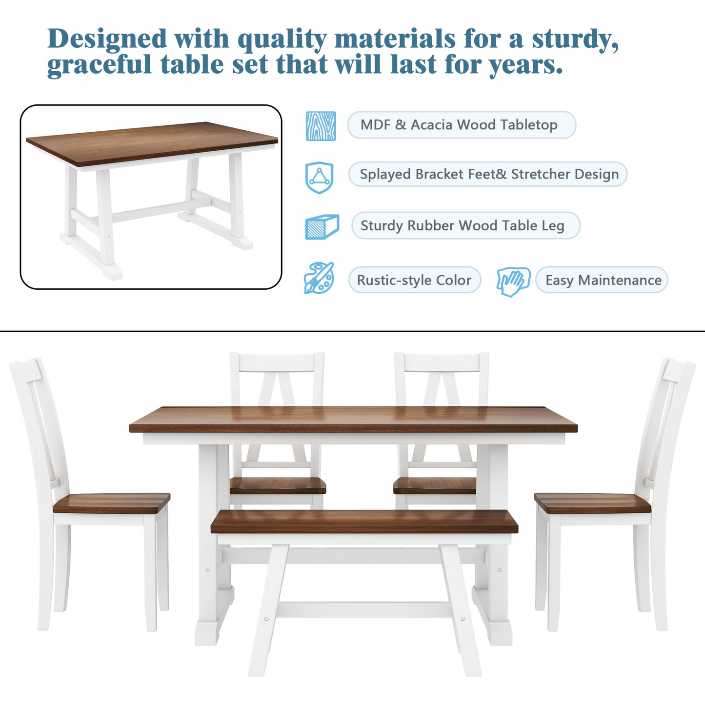 Dining Table | 6-Piece Wood Dining Table Set Kitchen Table Set with Long Bench and 4 Dining Chairs, Farmhouse Style, Walnut+White | casafoyer.myshopify.com