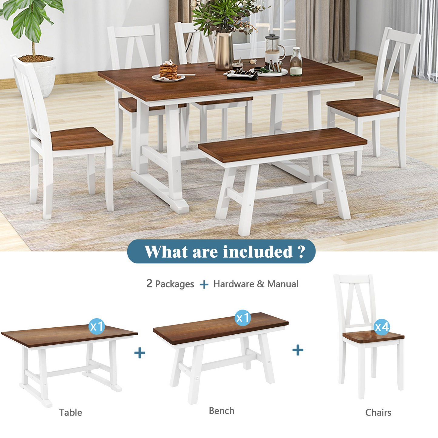 Dining Table | 6-Piece Wood Dining Table Set Kitchen Table Set with Long Bench and 4 Dining Chairs, Farmhouse Style, Walnut+White | casafoyer.myshopify.com