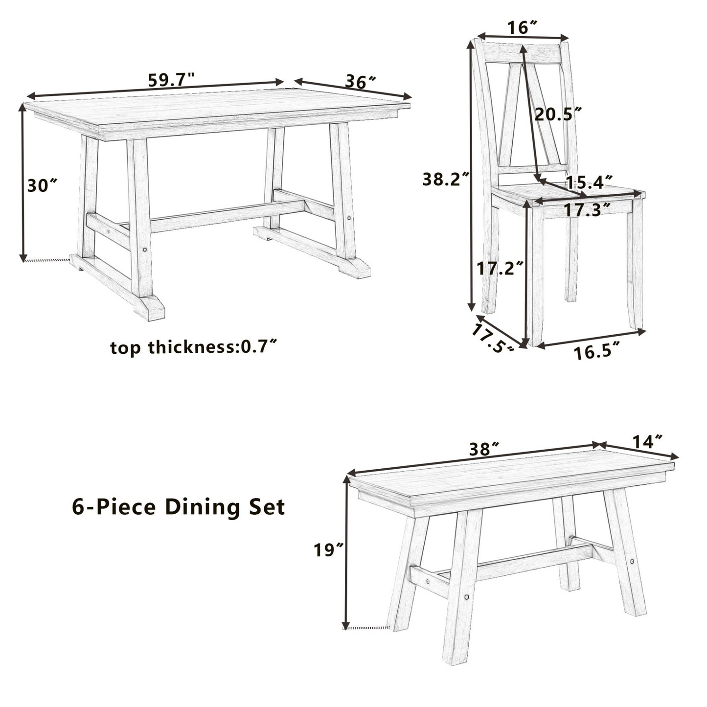 Dining Table | 6-Piece Wood Dining Table Set Kitchen Table Set with Long Bench and 4 Dining Chairs, Farmhouse Style, Walnut+White | casafoyer.myshopify.com