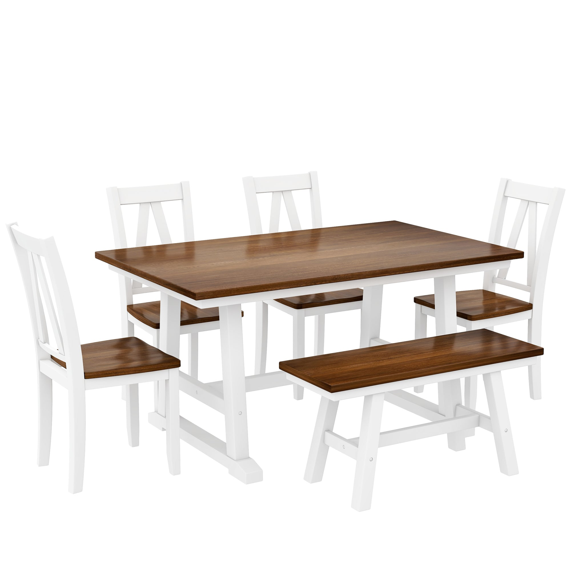 Dining Table | 6-Piece Wood Dining Table Set Kitchen Table Set with Long Bench and 4 Dining Chairs, Farmhouse Style, Walnut+White | casafoyer.myshopify.com