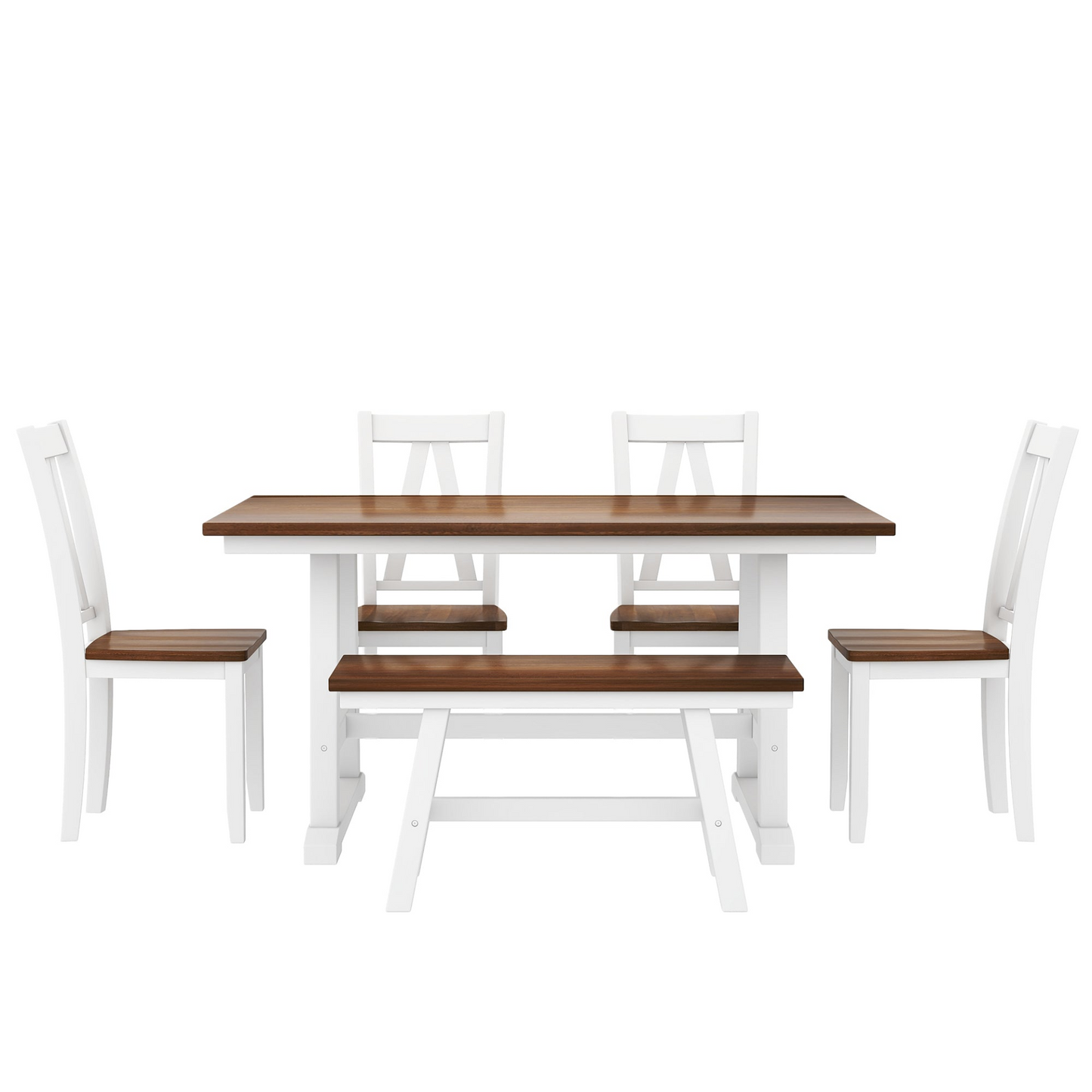 Dining Table | 6-Piece Wood Dining Table Set Kitchen Table Set with Long Bench and 4 Dining Chairs, Farmhouse Style, Walnut+White | casafoyer.myshopify.com