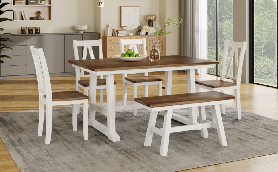 Dining Table | 6-Piece Wood Dining Table Set Kitchen Table Set with Long Bench and 4 Dining Chairs, Farmhouse Style, Walnut+White | casafoyer.myshopify.com