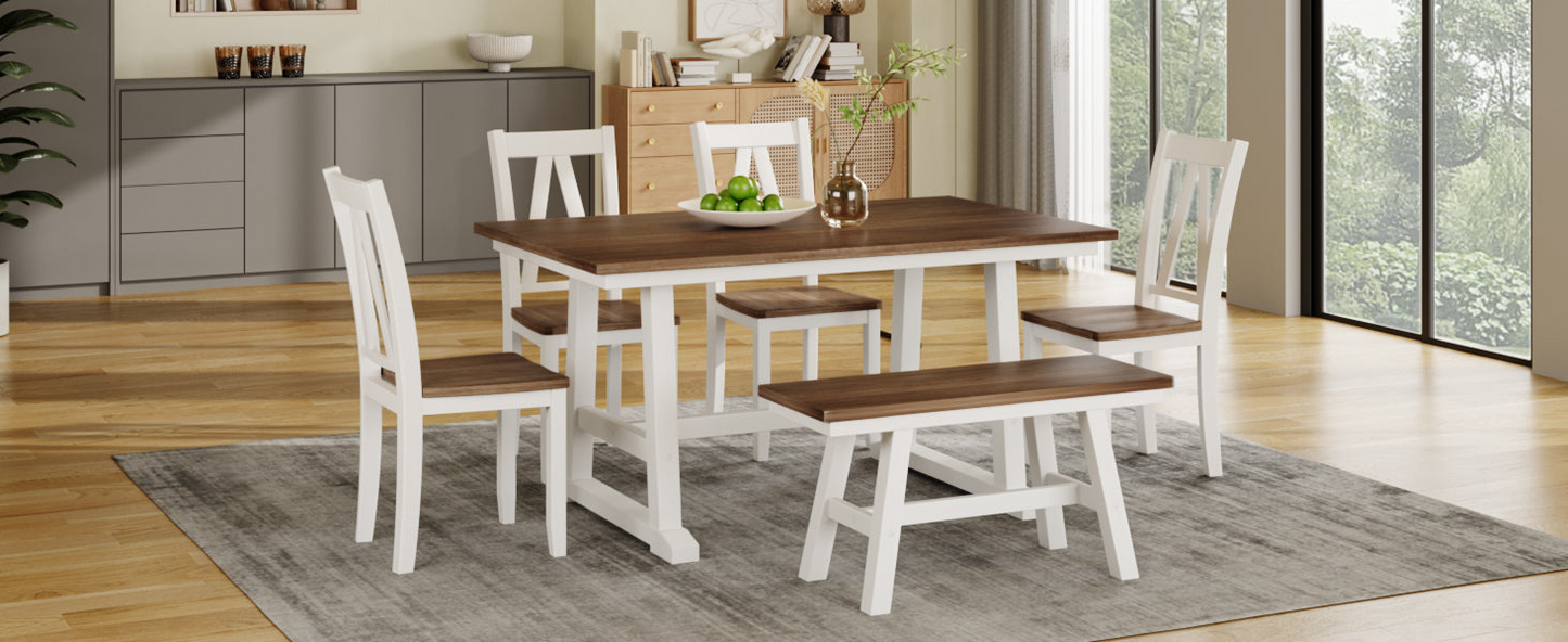 Dining Table | 6-Piece Wood Dining Table Set Kitchen Table Set with Long Bench and 4 Dining Chairs, Farmhouse Style, Walnut+White | casafoyer.myshopify.com