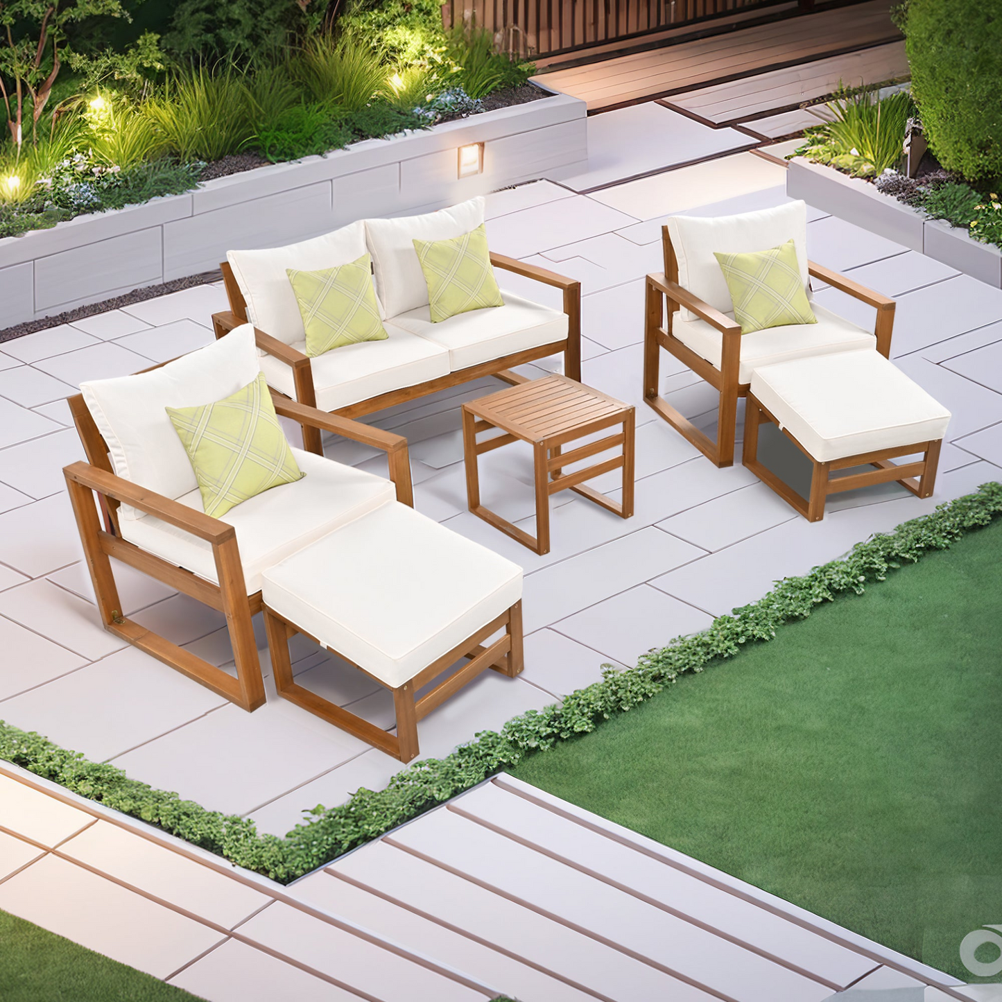 Patio Furntiure Sets | Outdoor Patio Wood 6-Piece Conversation Set, Sectional Garden Seating Groups Chat Set with Ottomans and Cushions for Backyard, Poolside, Balcony, Beige | casafoyer.myshopify.com