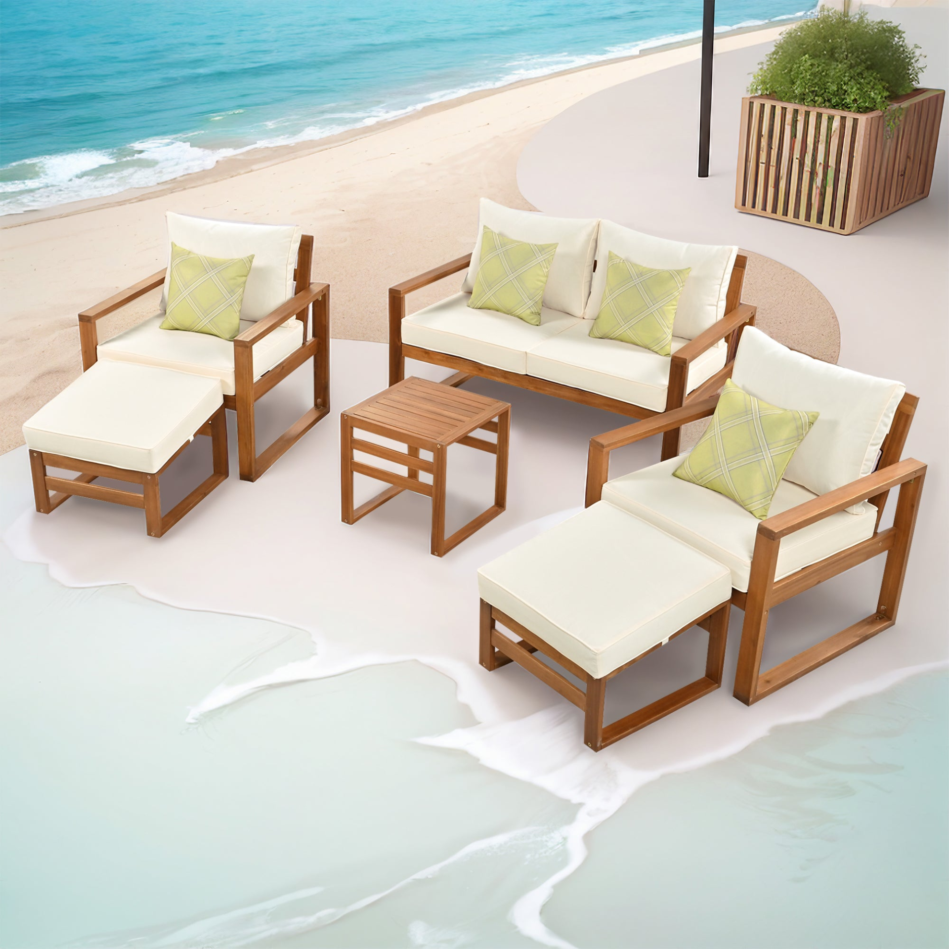 Patio Furntiure Sets | Outdoor Patio Wood 6-Piece Conversation Set, Sectional Garden Seating Groups Chat Set with Ottomans and Cushions for Backyard, Poolside, Balcony, Beige | casafoyer.myshopify.com