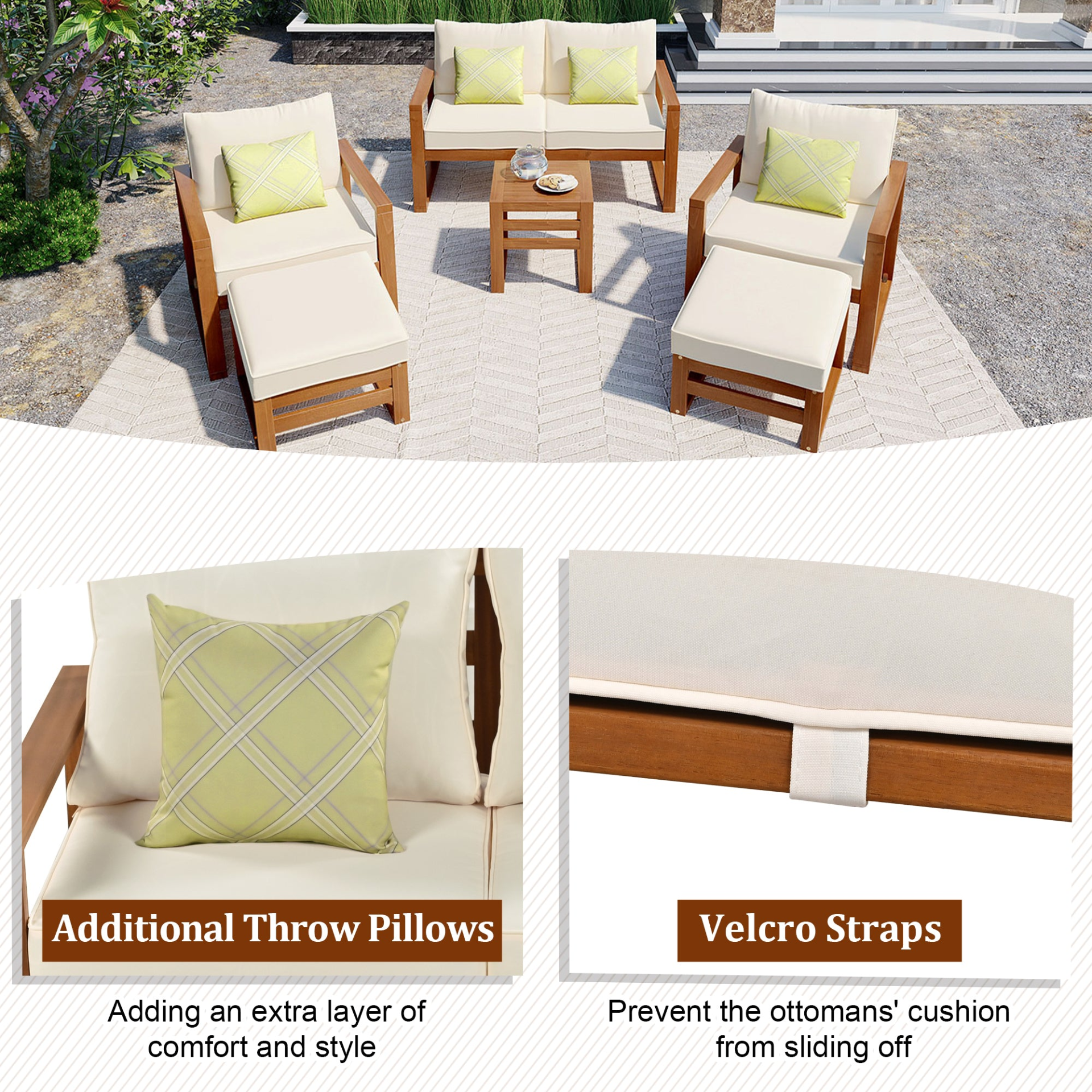 Patio Furntiure Sets | Outdoor Patio Wood 6-Piece Conversation Set, Sectional Garden Seating Groups Chat Set with Ottomans and Cushions for Backyard, Poolside, Balcony, Beige | casafoyer.myshopify.com