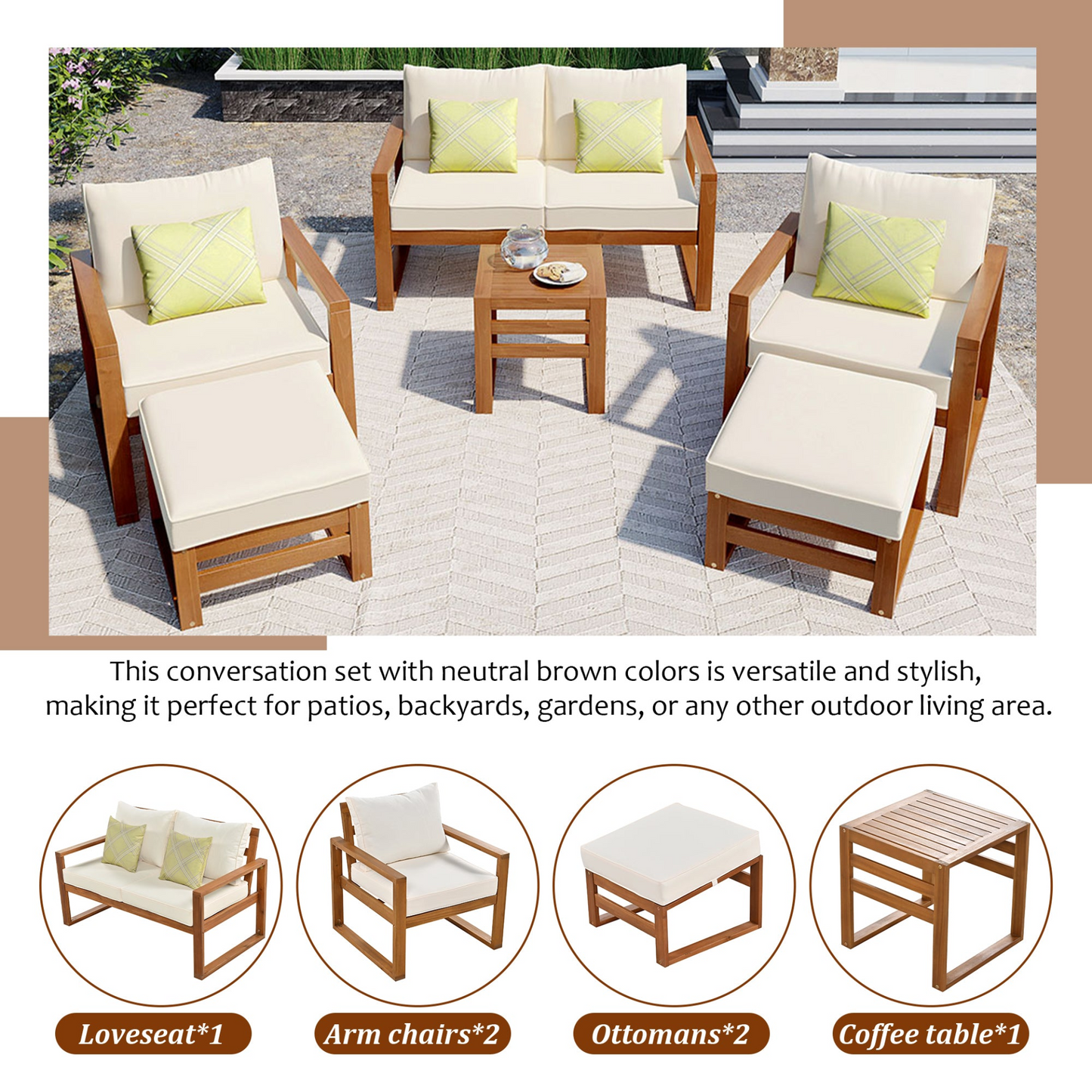 Patio Furntiure Sets | Outdoor Patio Wood 6-Piece Conversation Set, Sectional Garden Seating Groups Chat Set with Ottomans and Cushions for Backyard, Poolside, Balcony, Beige | casafoyer.myshopify.com