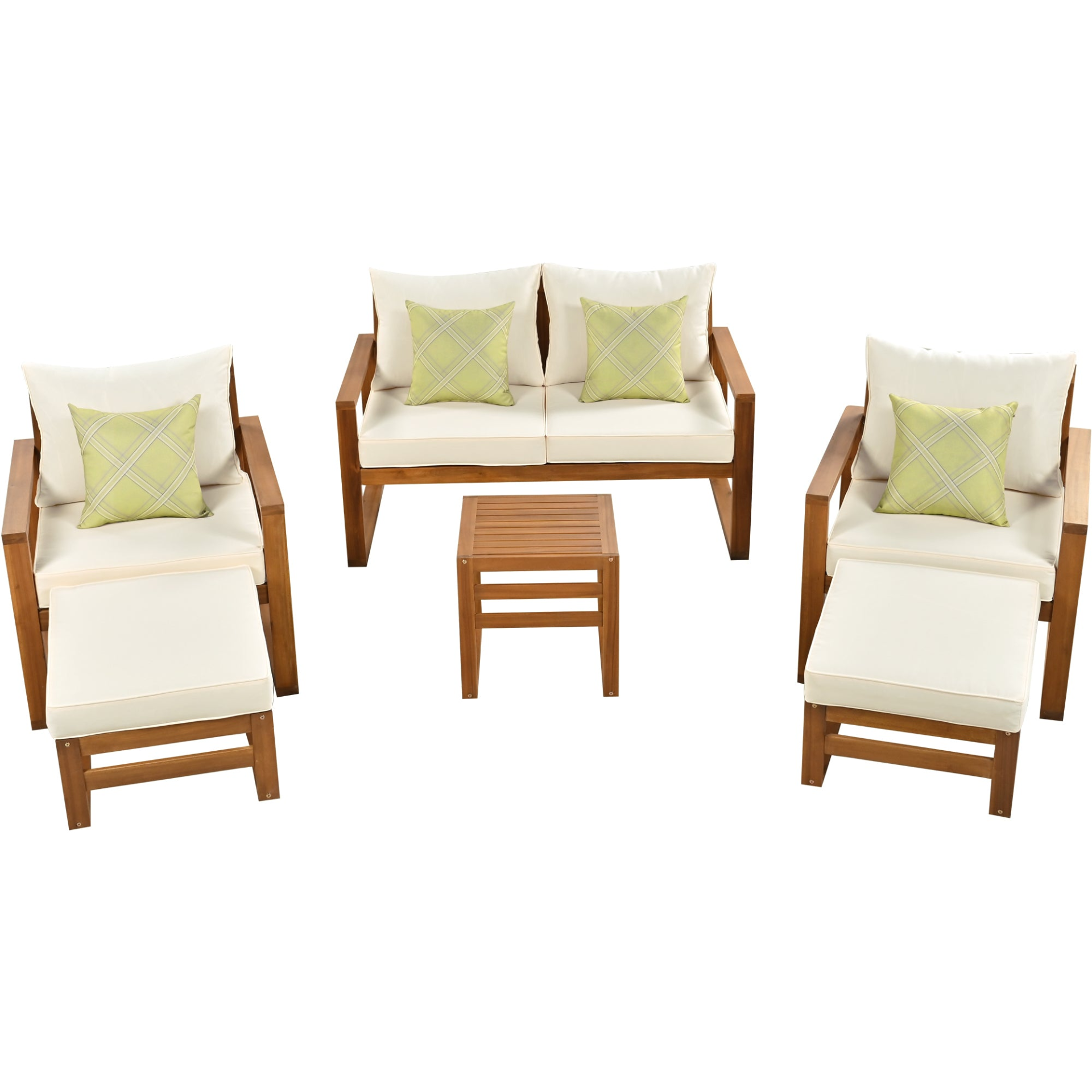 Patio Furntiure Sets | Outdoor Patio Wood 6-Piece Conversation Set, Sectional Garden Seating Groups Chat Set with Ottomans and Cushions for Backyard, Poolside, Balcony, Beige | casafoyer.myshopify.com