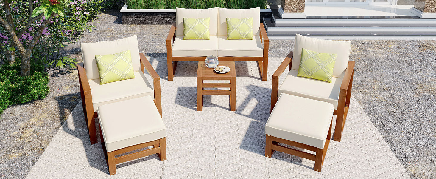 Patio Furntiure Sets | Outdoor Patio Wood 6-Piece Conversation Set, Sectional Garden Seating Groups Chat Set with Ottomans and Cushions for Backyard, Poolside, Balcony, Beige | casafoyer.myshopify.com