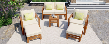 Patio Furntiure Sets | Outdoor Patio Wood 6-Piece Conversation Set, Sectional Garden Seating Groups Chat Set with Ottomans and Cushions for Backyard, Poolside, Balcony, Beige | casafoyer.myshopify.com
