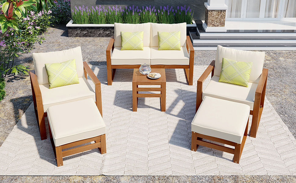 Patio Furntiure Sets | Outdoor Patio Wood 6-Piece Conversation Set, Sectional Garden Seating Groups Chat Set with Ottomans and Cushions for Backyard, Poolside, Balcony, Beige | casafoyer.myshopify.com