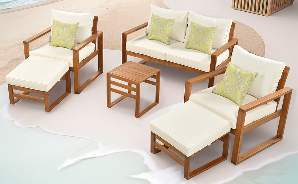 Patio Furntiure Sets | Outdoor Patio Wood 6-Piece Conversation Set, Sectional Garden Seating Groups Chat Set with Ottomans and Cushions for Backyard, Poolside, Balcony, Beige | casafoyer.myshopify.com