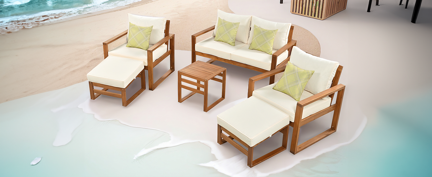 Patio Furntiure Sets | Outdoor Patio Wood 6-Piece Conversation Set, Sectional Garden Seating Groups Chat Set with Ottomans and Cushions for Backyard, Poolside, Balcony, Beige | casafoyer.myshopify.com