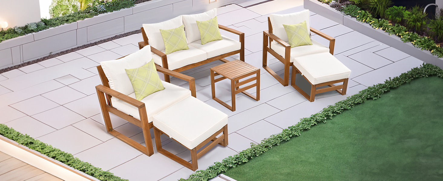 Patio Furntiure Sets | Outdoor Patio Wood 6-Piece Conversation Set, Sectional Garden Seating Groups Chat Set with Ottomans and Cushions for Backyard, Poolside, Balcony, Beige | casafoyer.myshopify.com