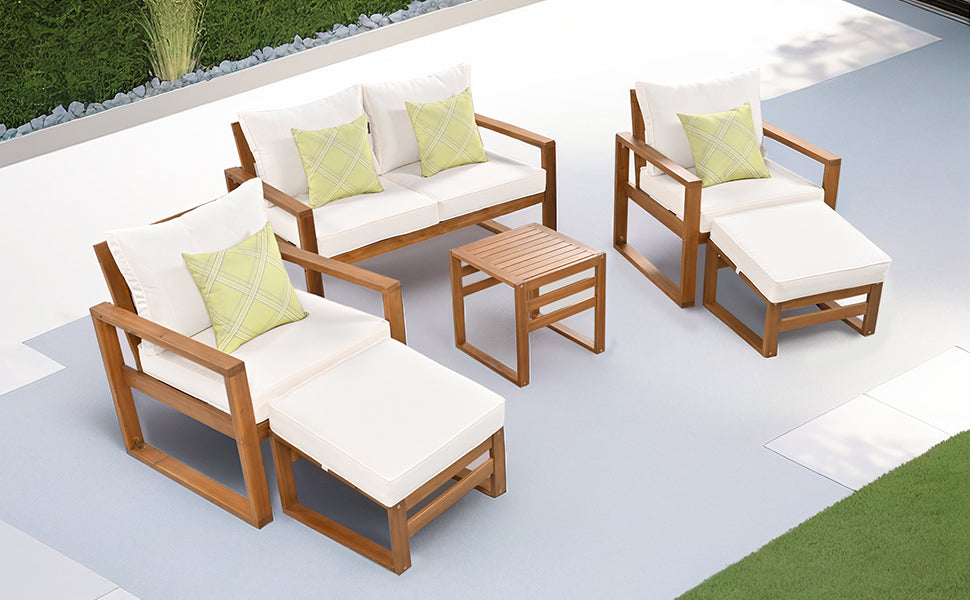 Patio Furntiure Sets | Outdoor Patio Wood 6-Piece Conversation Set, Sectional Garden Seating Groups Chat Set with Ottomans and Cushions for Backyard, Poolside, Balcony, Beige | casafoyer.myshopify.com