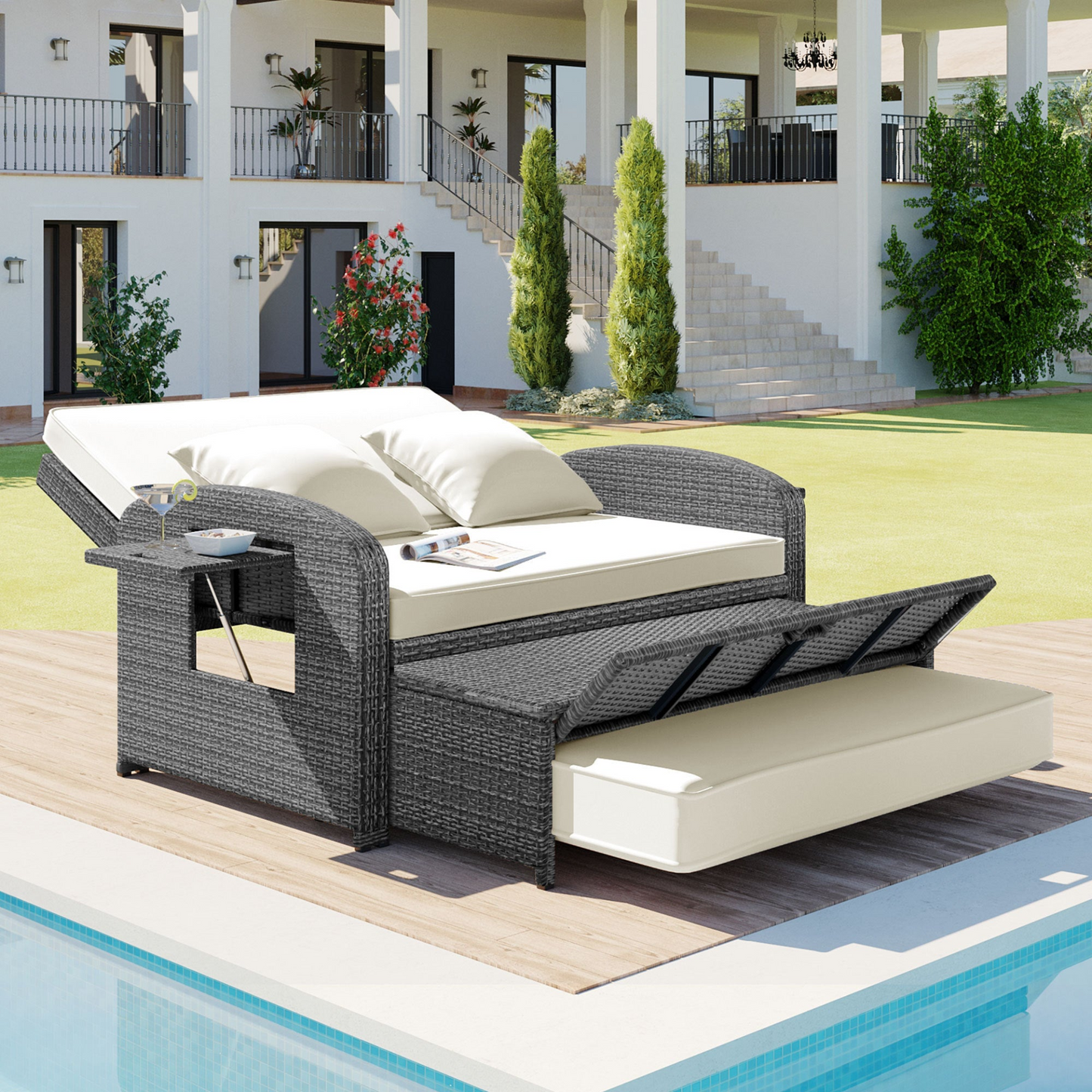 Patio Furntiure Sets | PE Wicker Rattan Double Chaise Lounge, 2-Person Reclining Daybed with Adjustable Back and Cushions, Free Furniture Protection Cover, White | casafoyer.myshopify.com