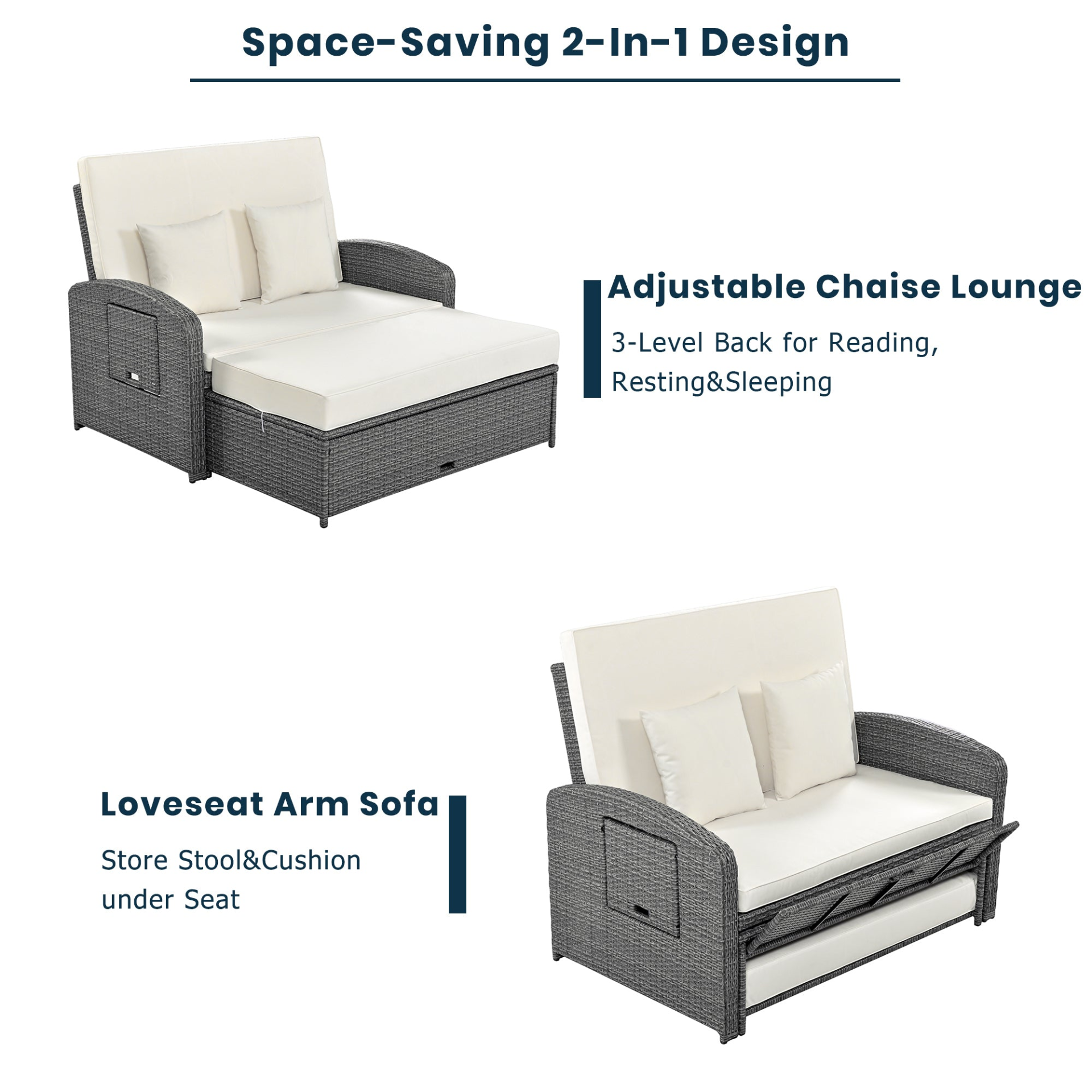 Patio Furntiure Sets | PE Wicker Rattan Double Chaise Lounge, 2-Person Reclining Daybed with Adjustable Back and Cushions, Free Furniture Protection Cover, White | casafoyer.myshopify.com