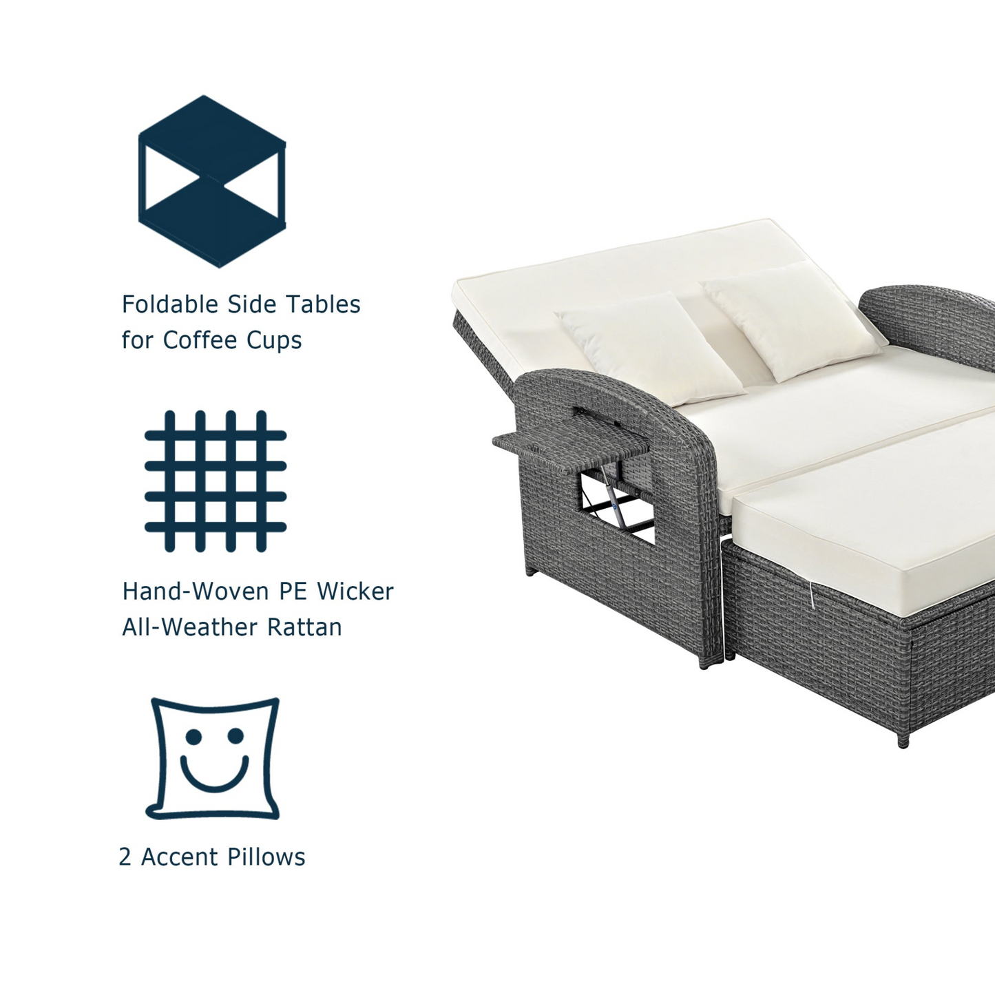 Patio Furntiure Sets | PE Wicker Rattan Double Chaise Lounge, 2-Person Reclining Daybed with Adjustable Back and Cushions, Free Furniture Protection Cover, White | casafoyer.myshopify.com